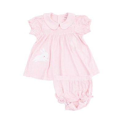 Classic Smocked Peter Pan Collar Dress with  Bunny Applique and Diaper Cover - Mini Gingham Pink