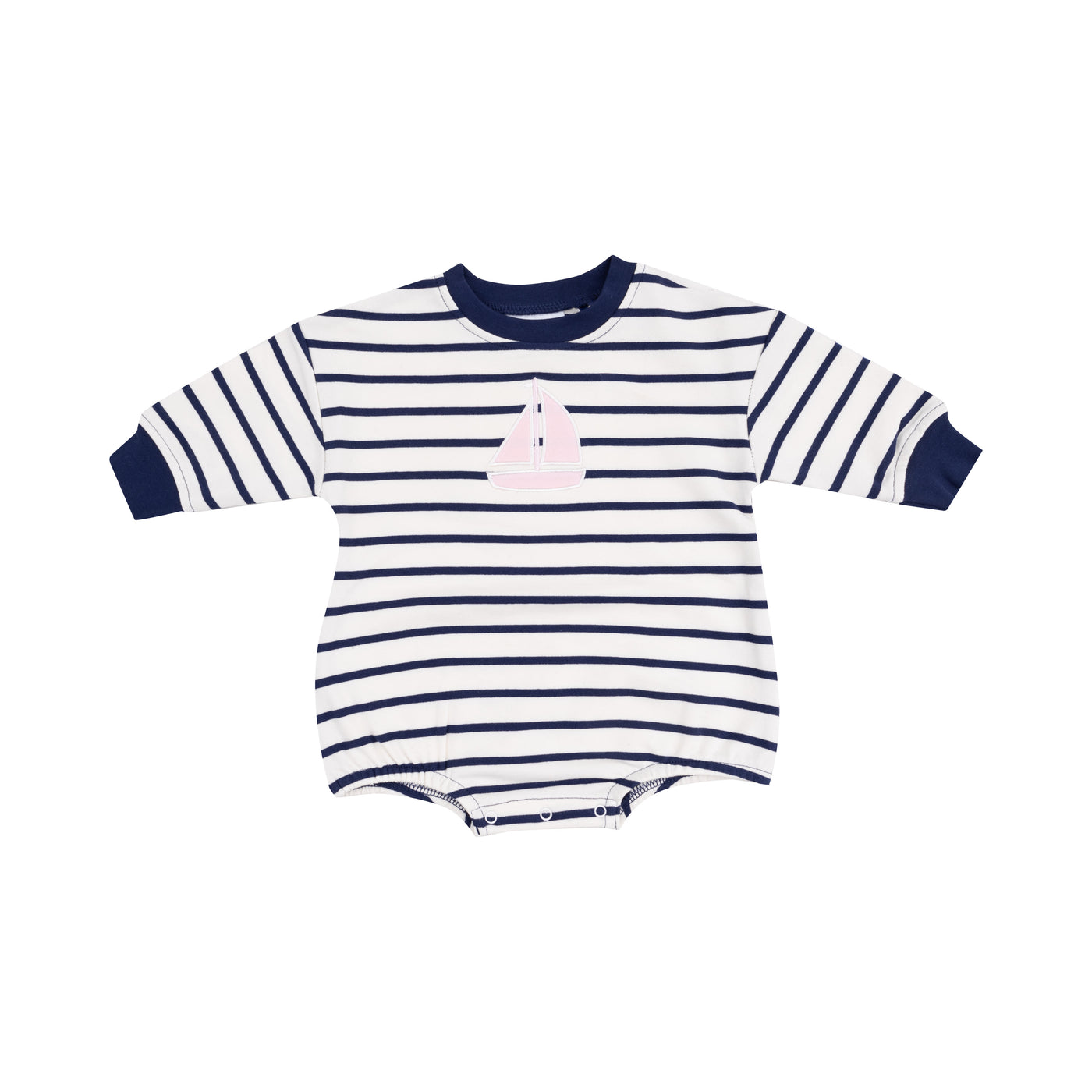 French Terry Sweatshirt Bubble with Pink Sailboat Applique - Navy Stripe-Angel Dear