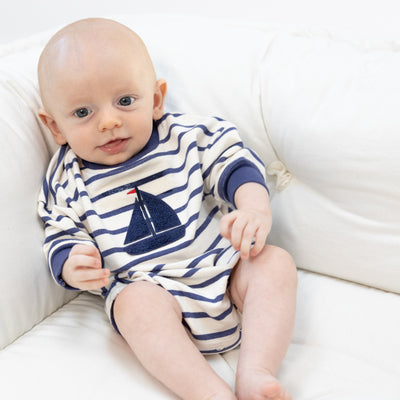 French Terry Sweatshirt Bubble with Sailboat Applique - Navy Stripe