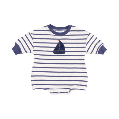 French Terry Sweatshirt Bubble with Sailboat Applique - Navy Stripe