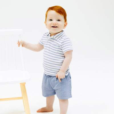 Polo Shirt and Muslin Short - French Stripe Dusty Blue