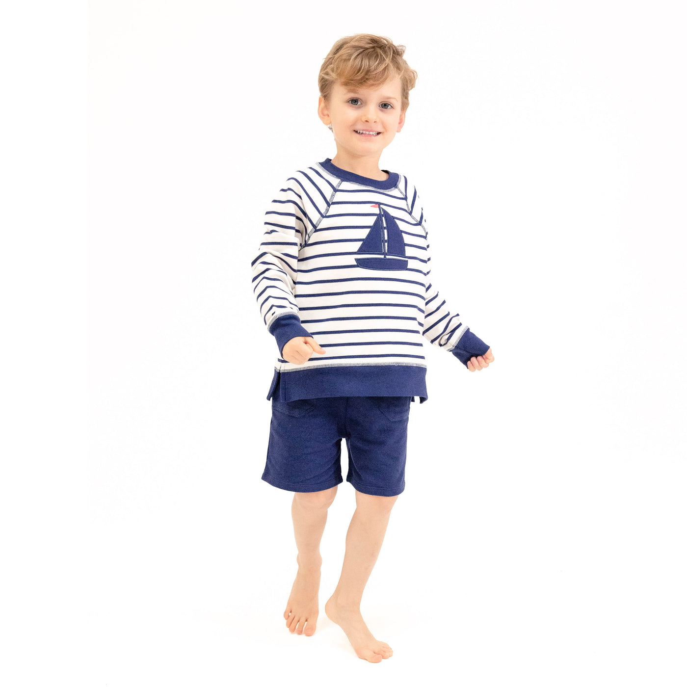 French Terry Sweat Shirt with Applique and Short - Navy Stripe