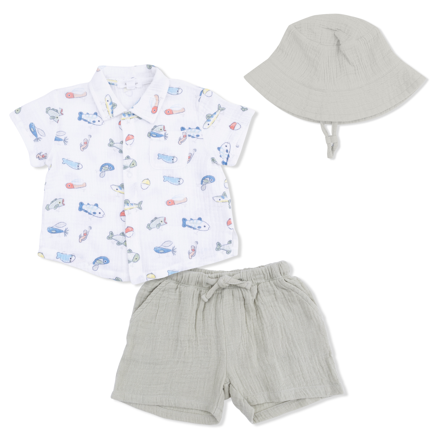 Fishing Lures - Polo Button Up with Casual Short & Bucket Hat-Angel Dear