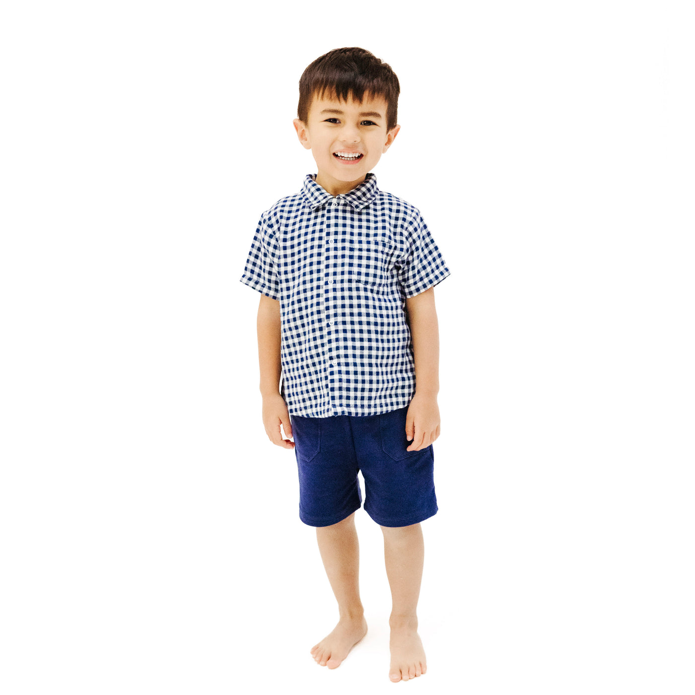 Button Down Muslin Polo with French Terry Short - Navy Gingham