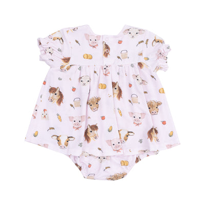 Smocked Ruffle Bubble with Skirt - Vintage Animals Faces Pink