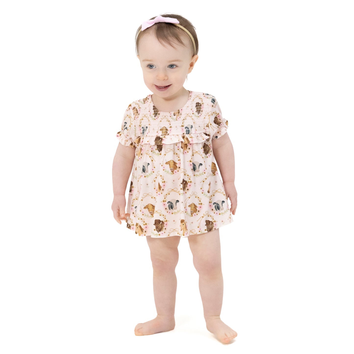 Farm Animals Floral Cameos Pink - Smocked Ruffle Bubble with Skirt-Angel Dear