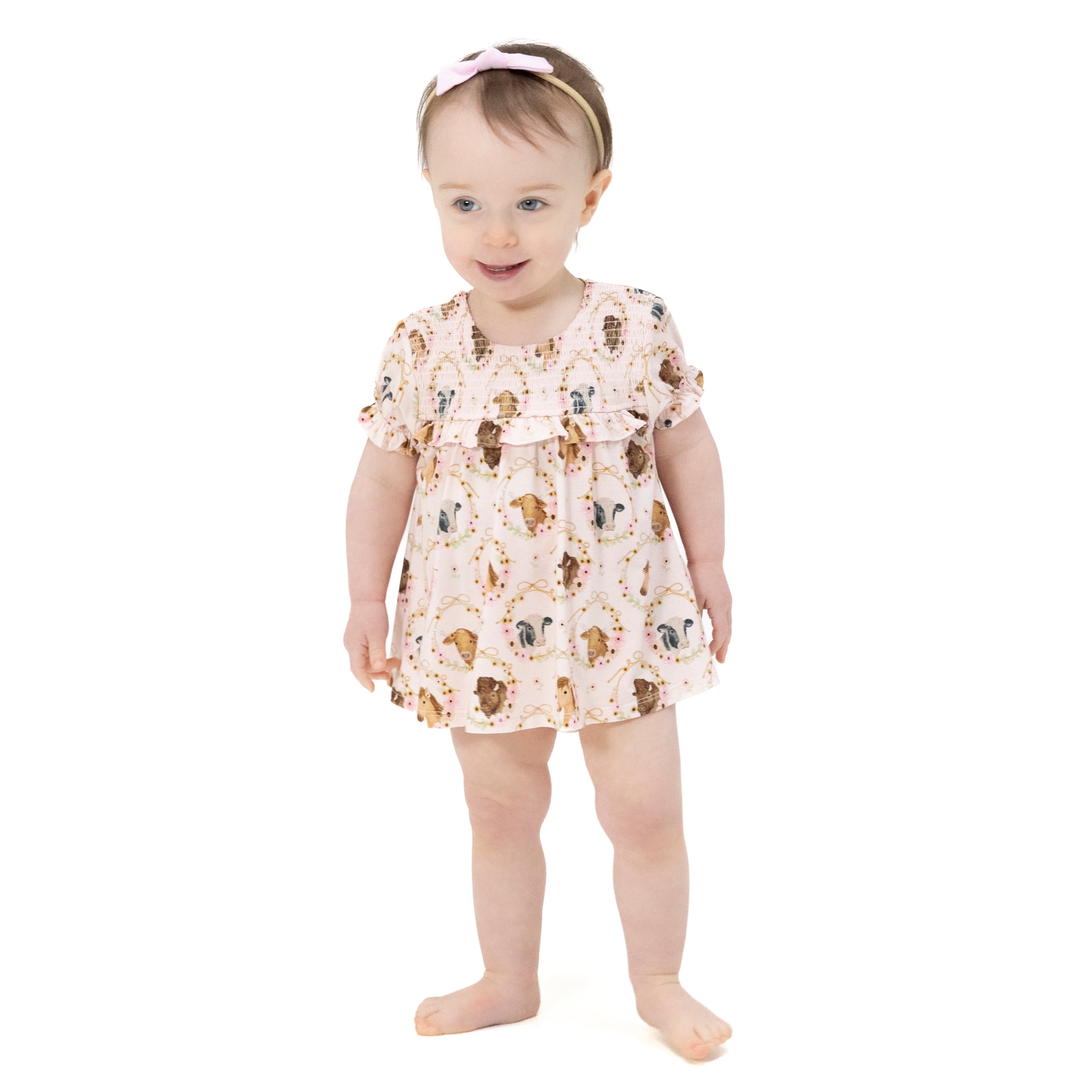 Farm Animals Floral Cameos Pink - Smocked Ruffle Bubble with Skirt-Angel Dear