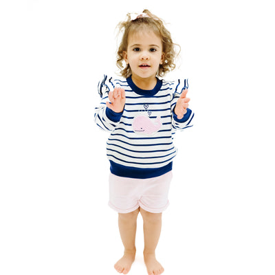 Ruffle Sleeve Sweatshirt with Chenille Patch and Paperbag Shorts Bubbly Whale Pink