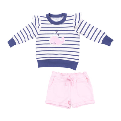 Ruffle Sleeve Sweatshirt with Chenille Patch and Paperbag Shorts Bubbly Whale Pink-Angel Dear