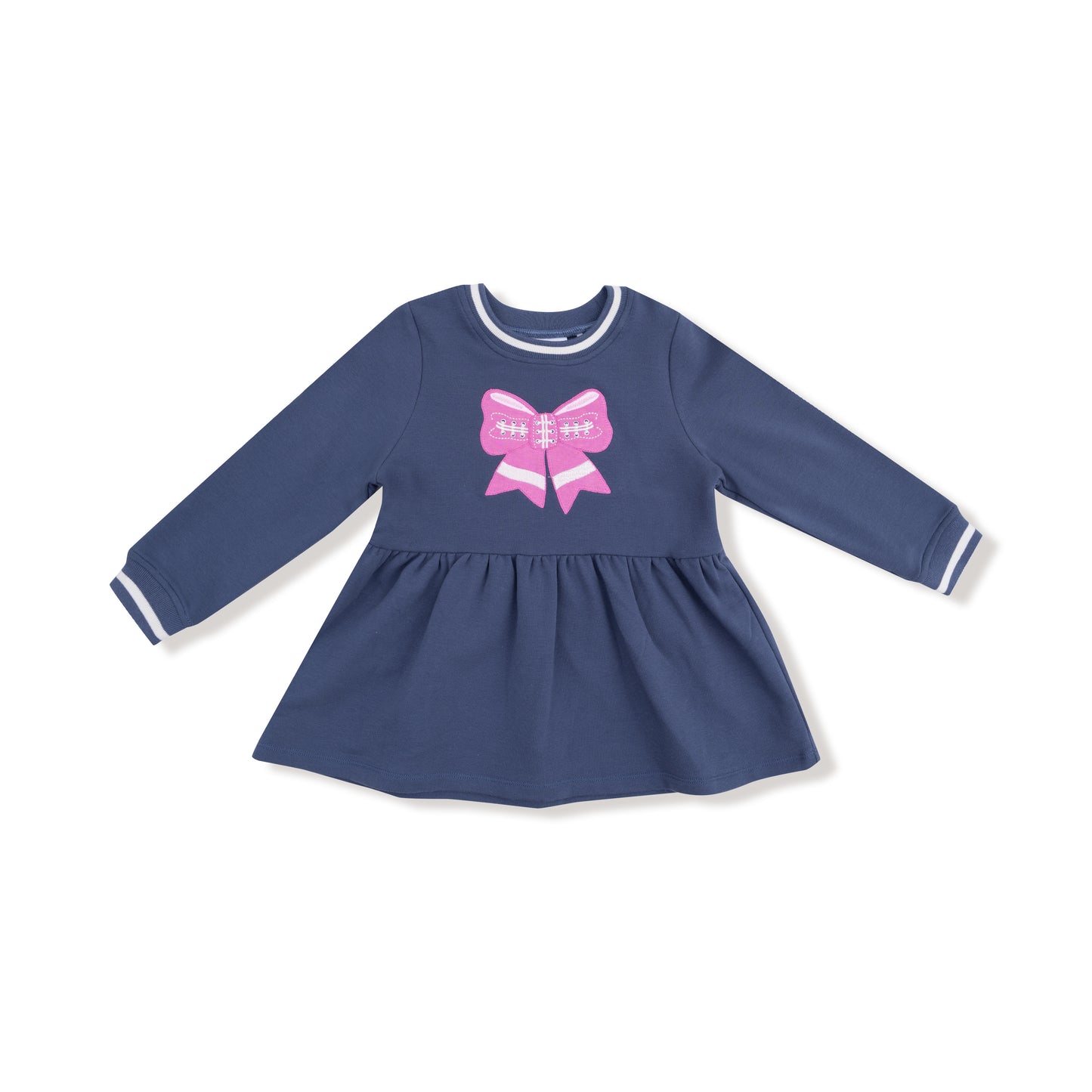 Pink Bow French Terry Dress in our  Varsity - Vintage Indigo print from Angel Dear