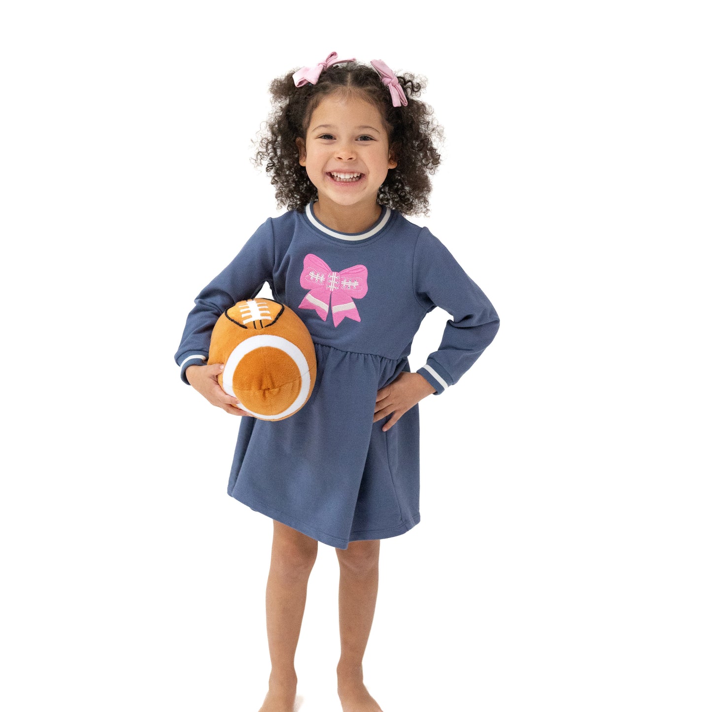 Pink Bow French Terry Dress in our  Varsity - Vintage Indigo print from Angel Dear