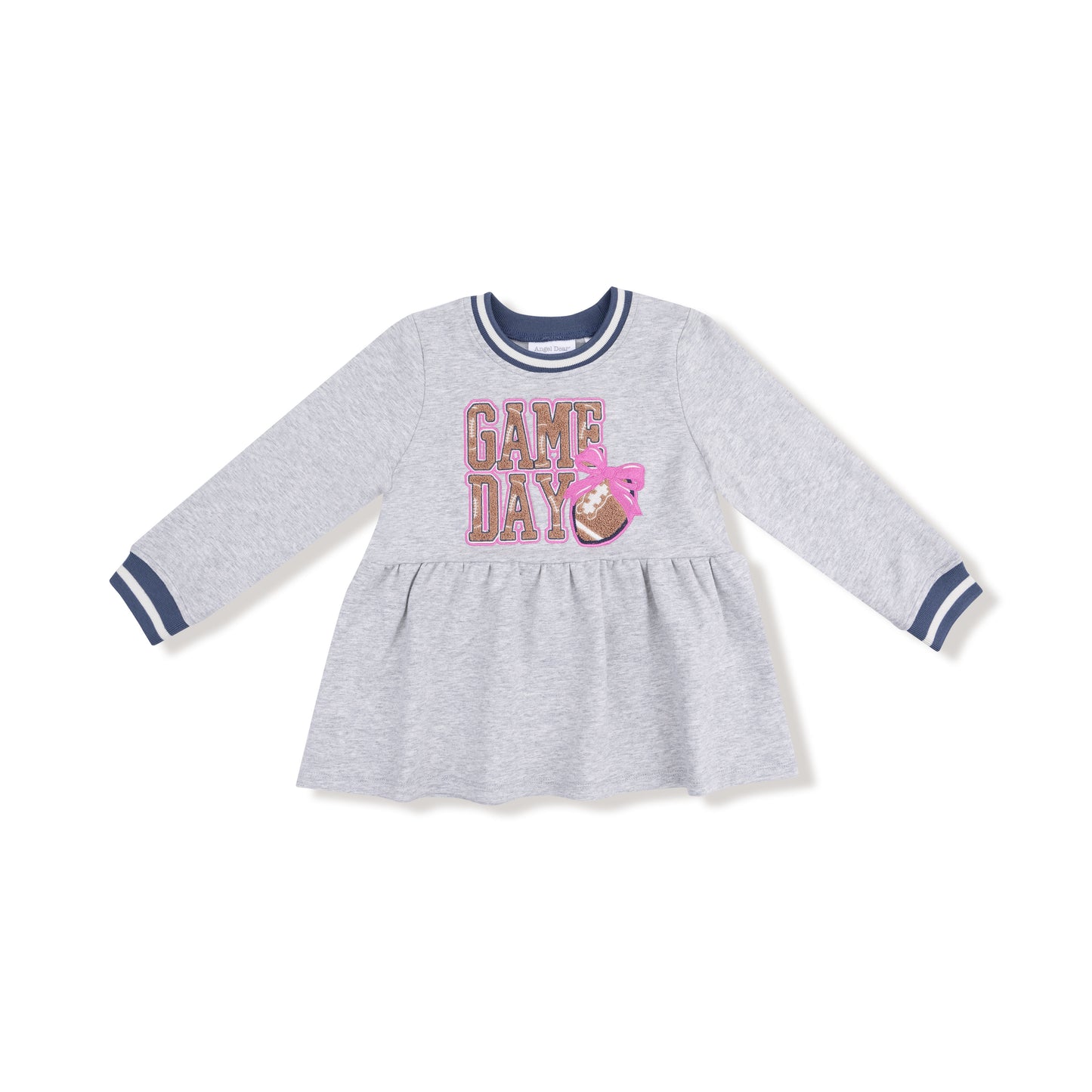 French Terry Dress with Game Day Patch in our  Varsity - Light Grey print from Angel Dear