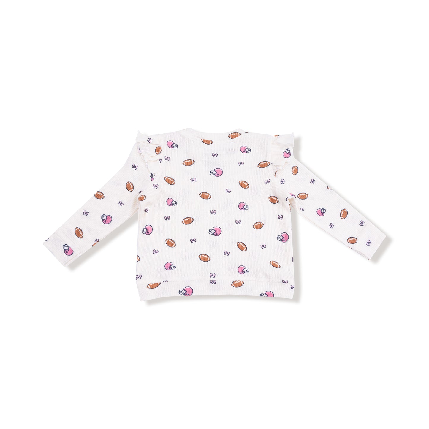 Ruffle Waffle Top and Waffle Flare Pant in our  Footballs and Bows print from Angel Dear
