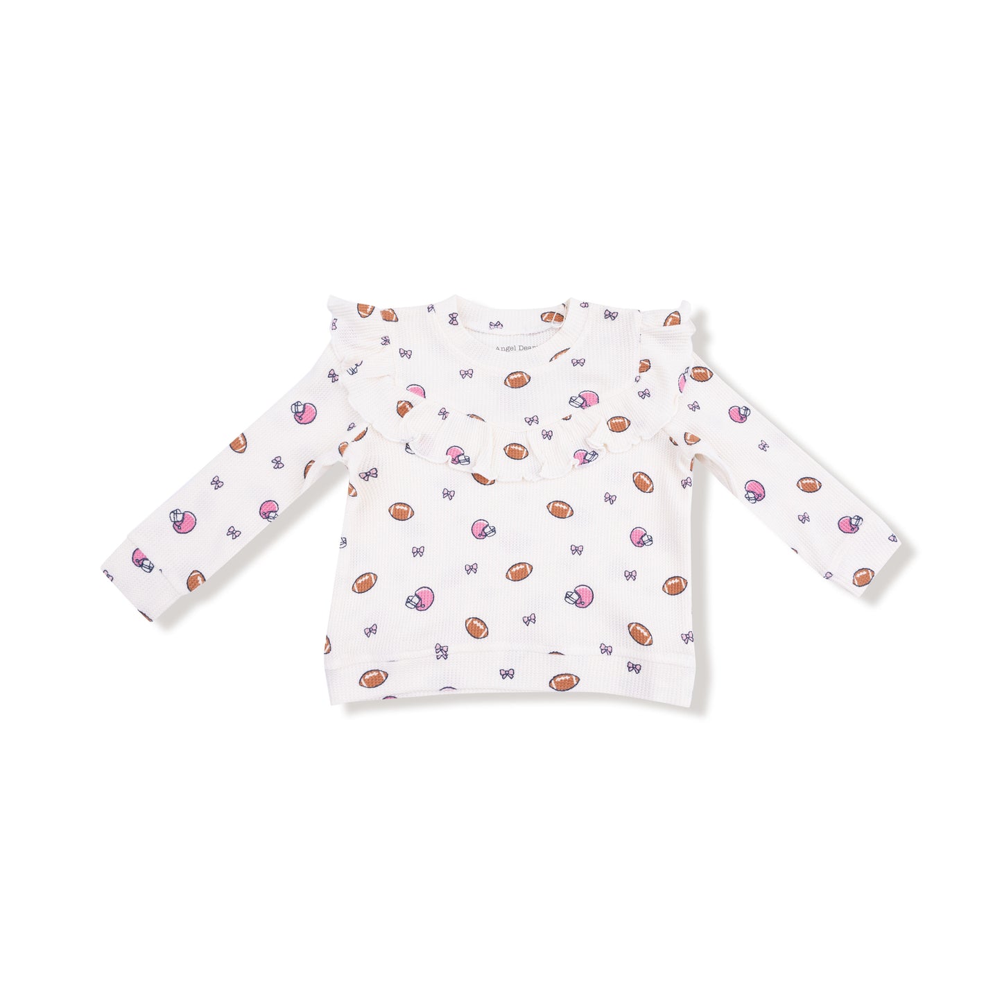 Ruffle Waffle Top and Waffle Flare Pant in our  Footballs and Bows print from Angel Dear