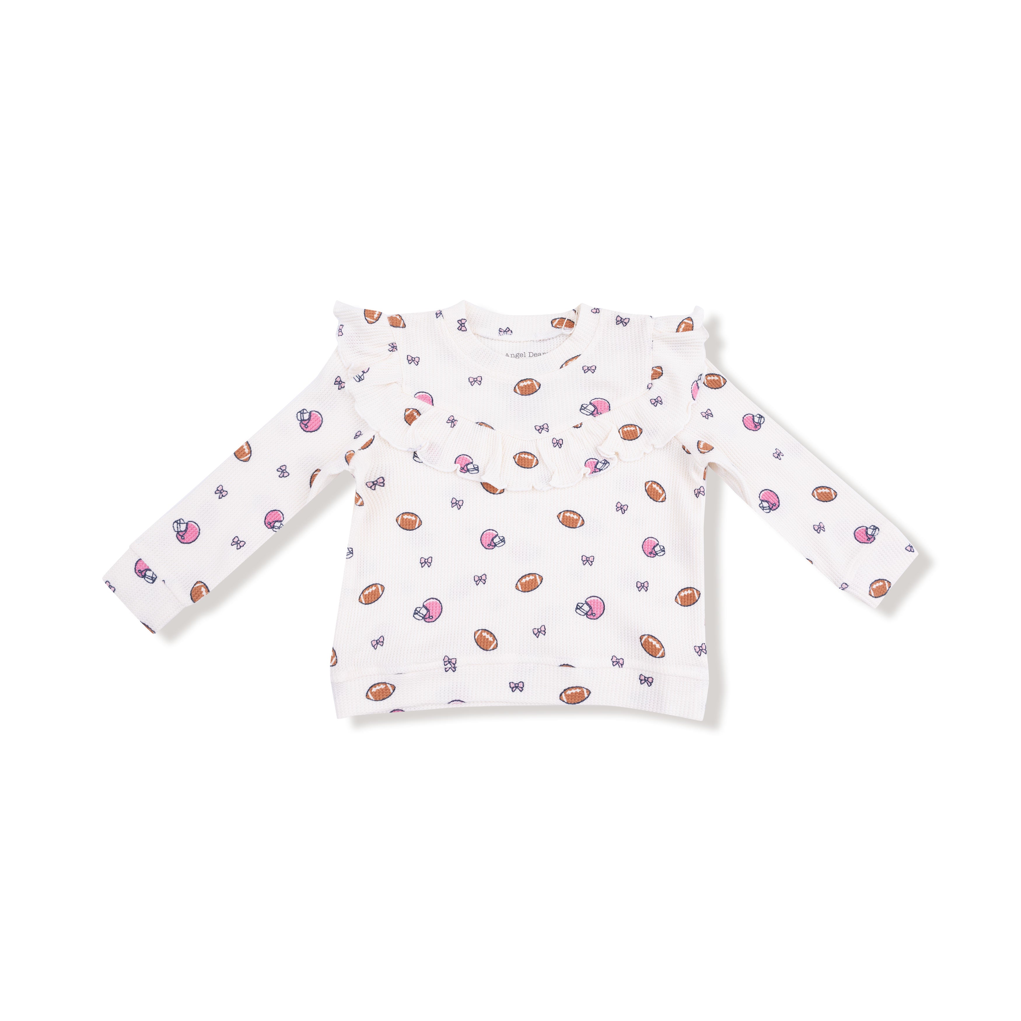 Ruffle Waffle Top and Waffle Flare Pant in our  Footballs and Bows print from Angel Dear
