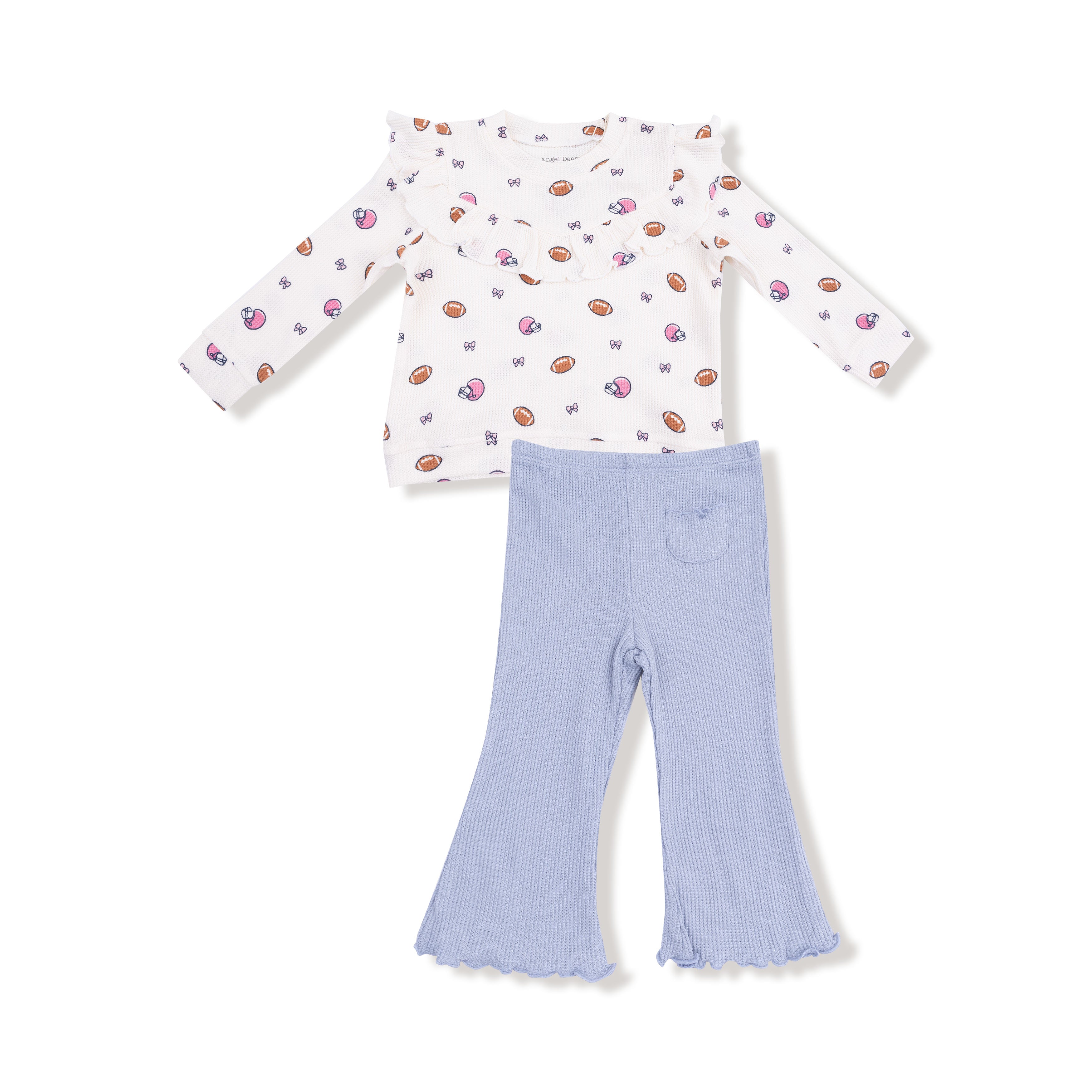 Ruffle Waffle Top and Waffle Flare Pant in our  Footballs and Bows print from Angel Dear