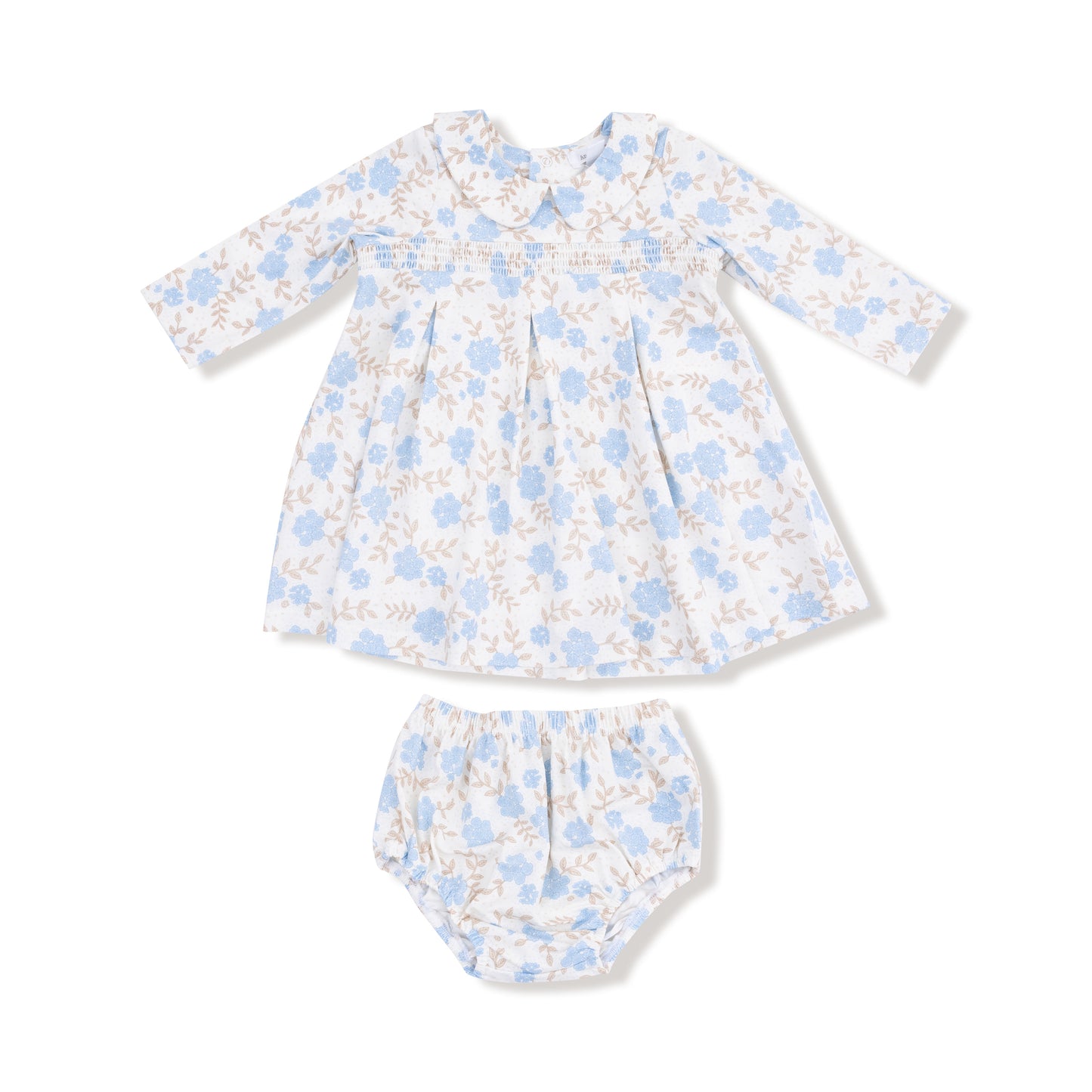 Long Sleeve Peter Pan Collar Dress and Bloomer in our  Baby Blue Floral print from Angel Dear