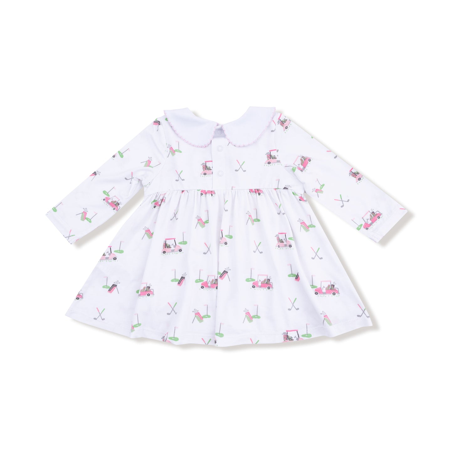 Long Sleeve Peter Pan Collar Dress and Bloomer in our  Baby Golf Carts - Pink print from Angel Dear