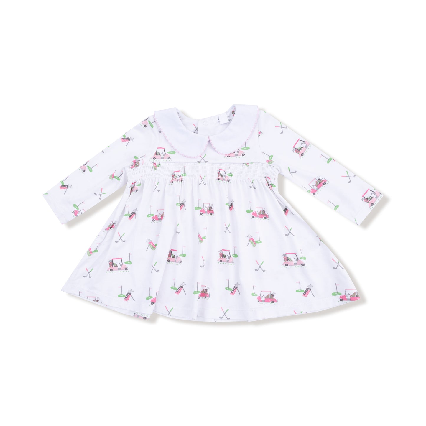 Long Sleeve Peter Pan Collar Dress and Bloomer in our  Baby Golf Carts - Pink print from Angel Dear