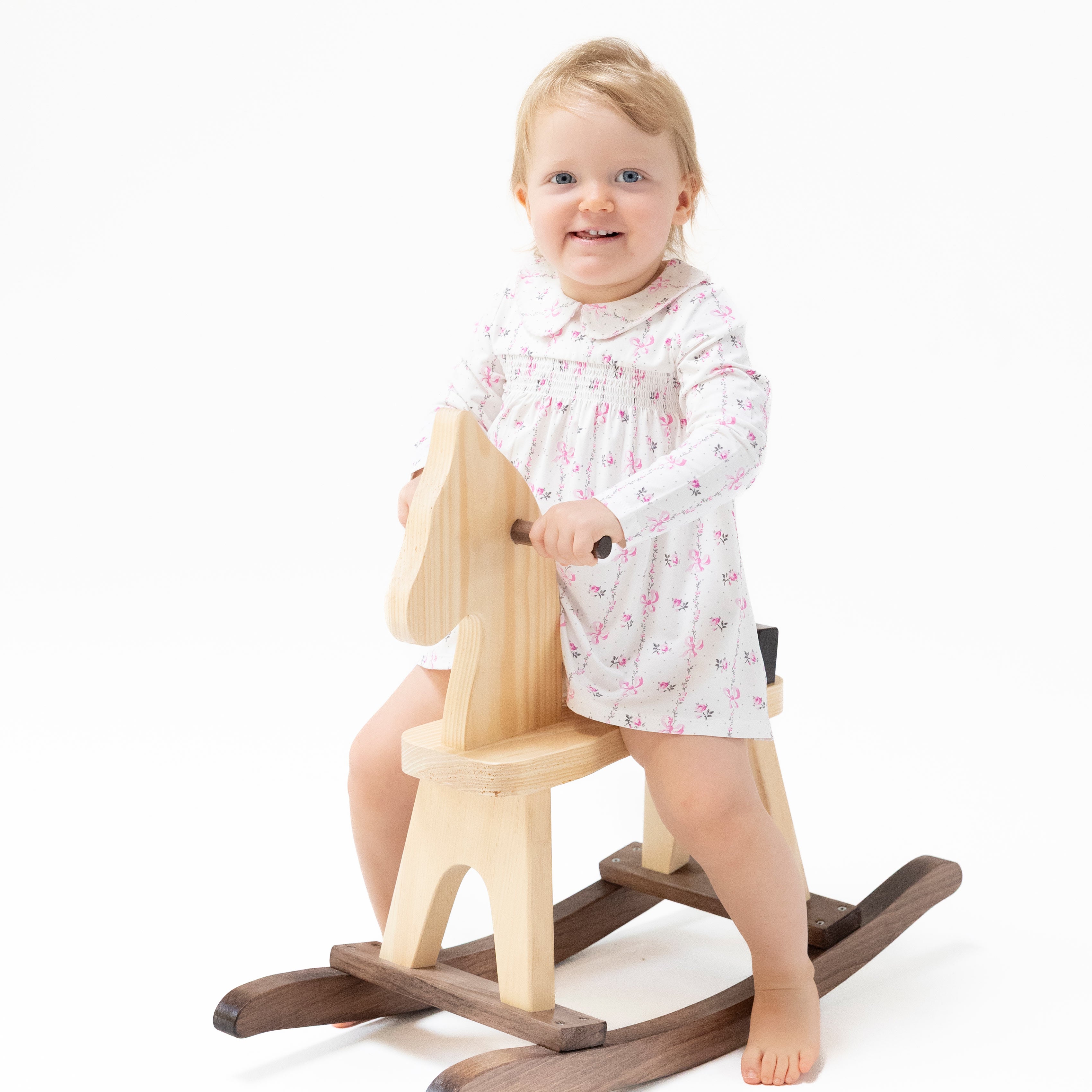 Long Sleeve Peter Pan Collar Dress with Smocking and Bloomer in our  Dainty Buds and Bows Stripe print from Angel Dear