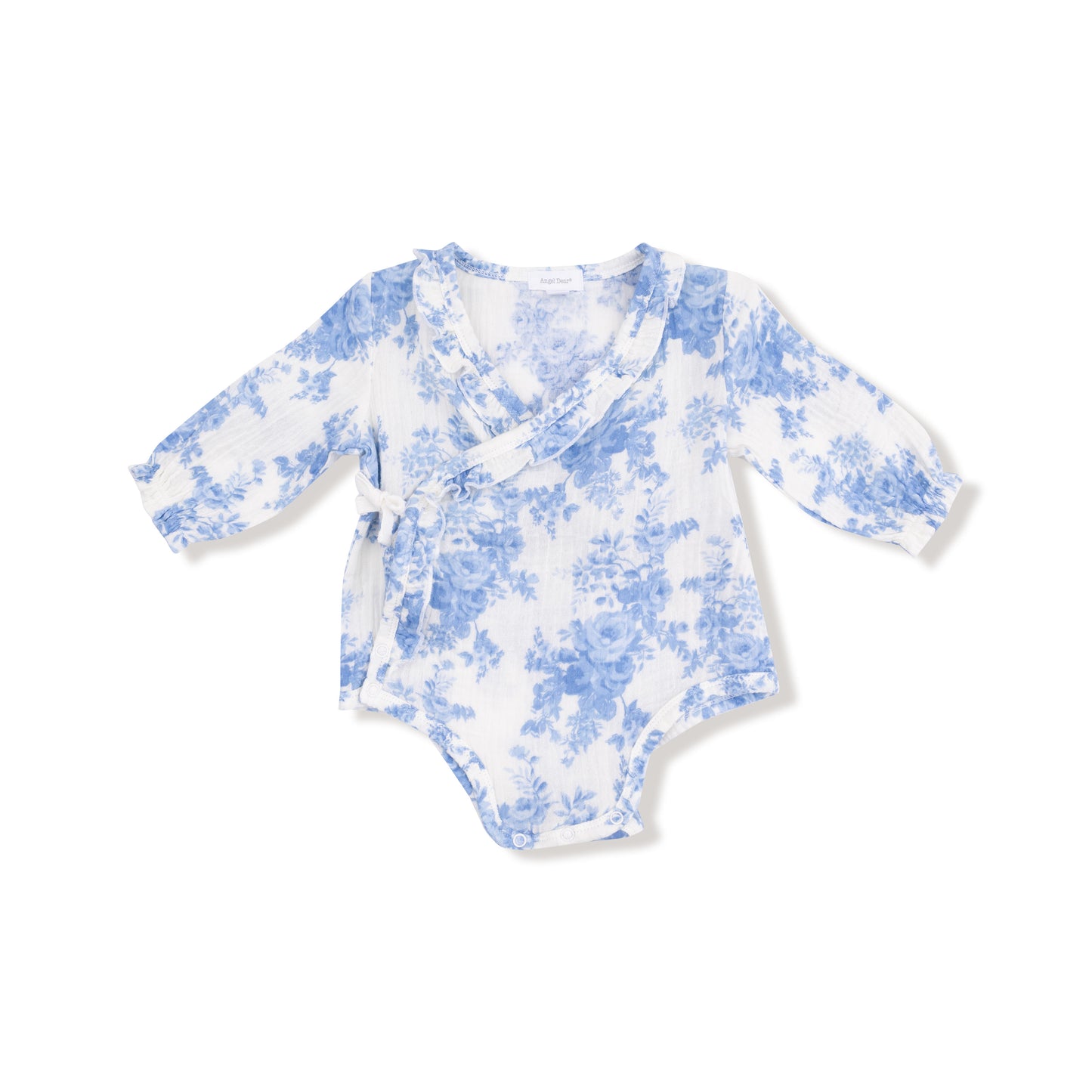 Long Sleeve Kimono Bodysuit with Ruffle + Elastic Cuff in our  Dream Cottage Floral Blue print from Angel Dear