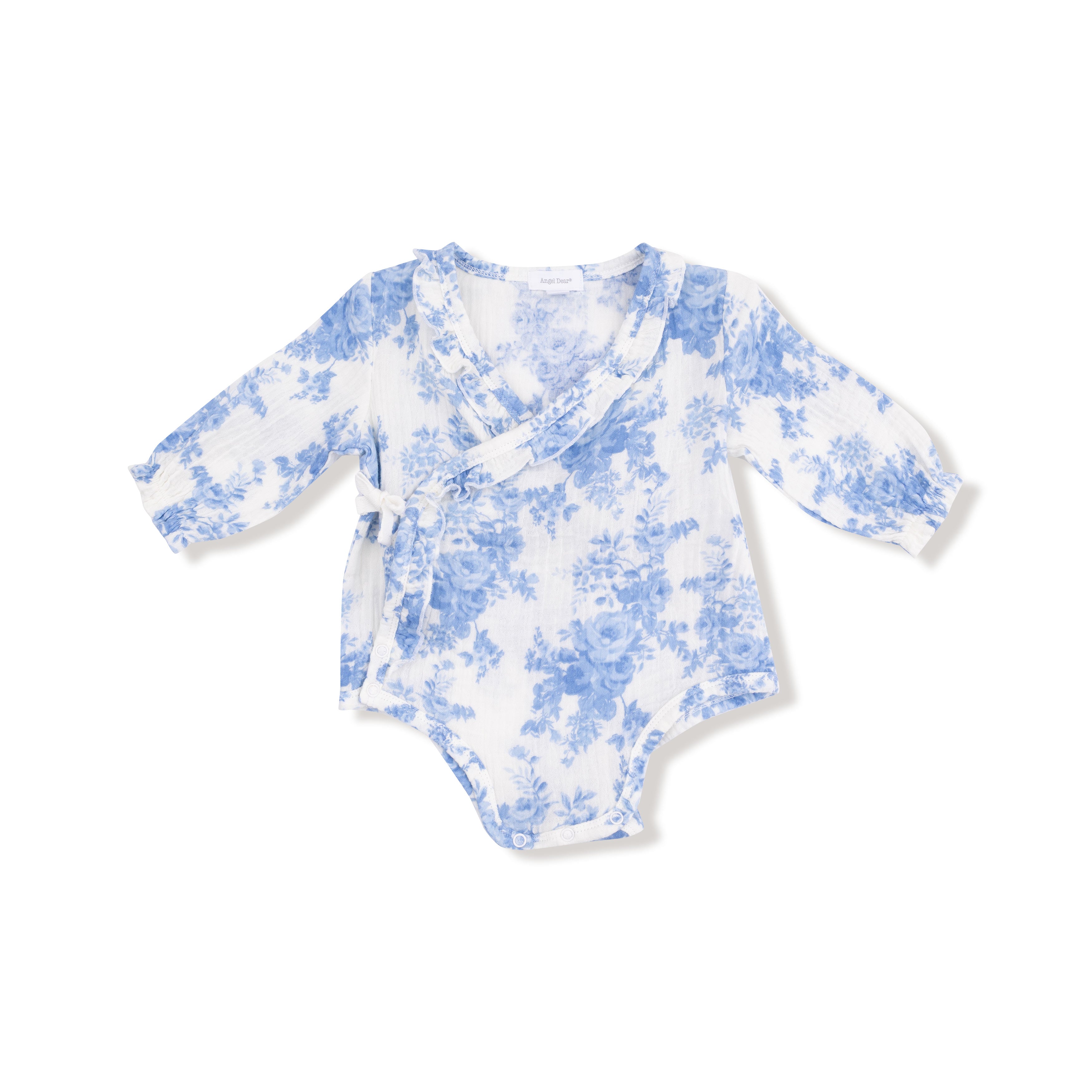 Long Sleeve Kimono Bodysuit with Ruffle + Elastic Cuff in our  Dream Cottage Floral Blue print from Angel Dear