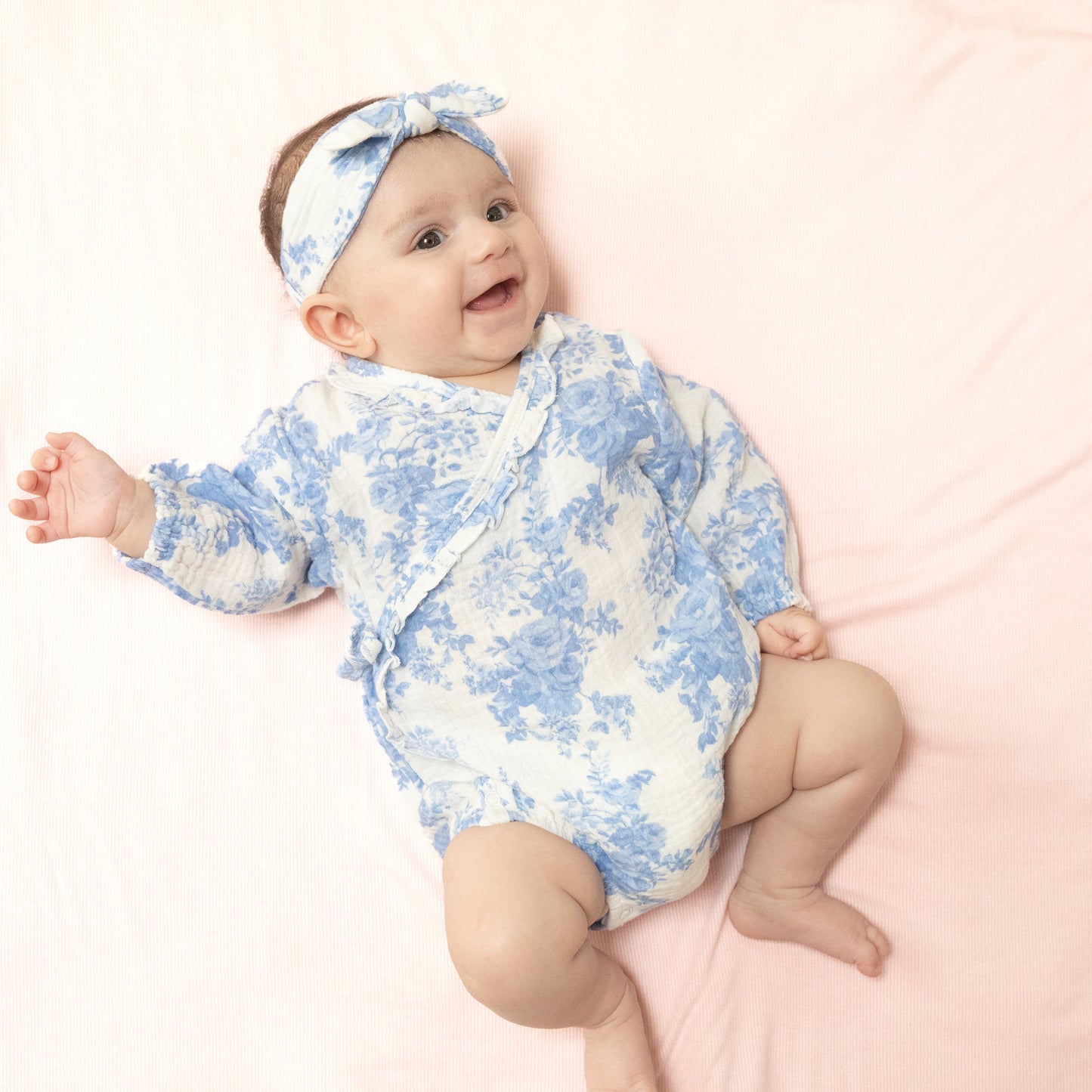 Long Sleeve Kimono Bodysuit with Ruffle + Elastic Cuff in our  Dream Cottage Floral Blue print from Angel Dear