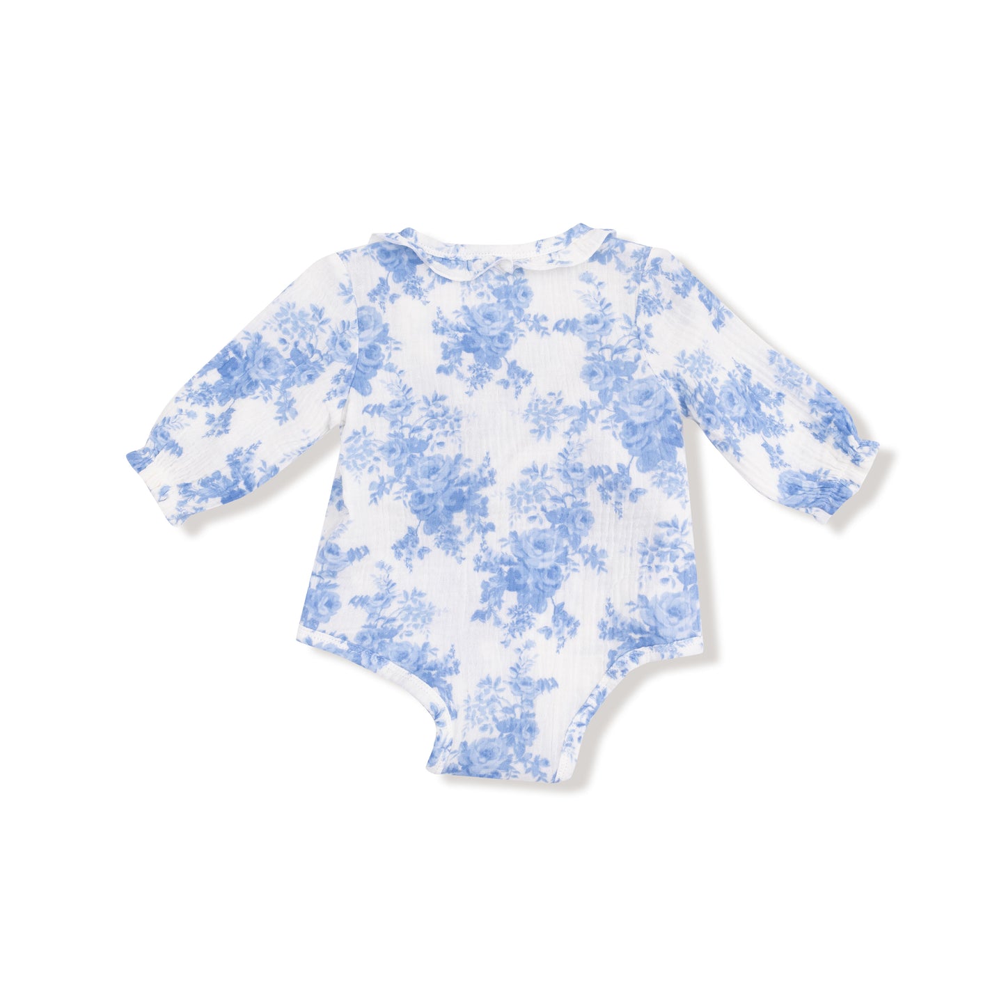 Long Sleeve Kimono Bodysuit with Ruffle + Elastic Cuff in our  Dream Cottage Floral Blue print from Angel Dear