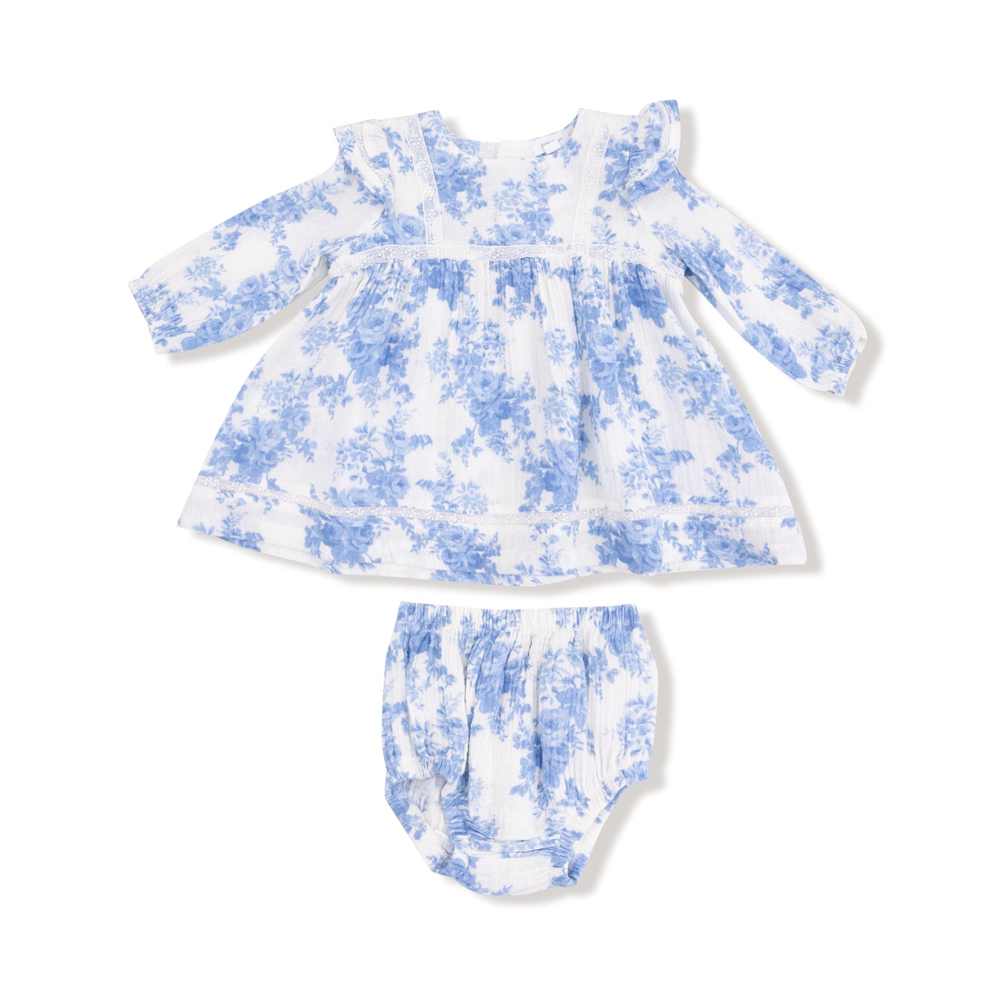 Long Sleeve Vintage Lace Dress and Bloomer (2T to 4T Dress Only) in our  Dream Cottage Floral Blue print from Angel Dear