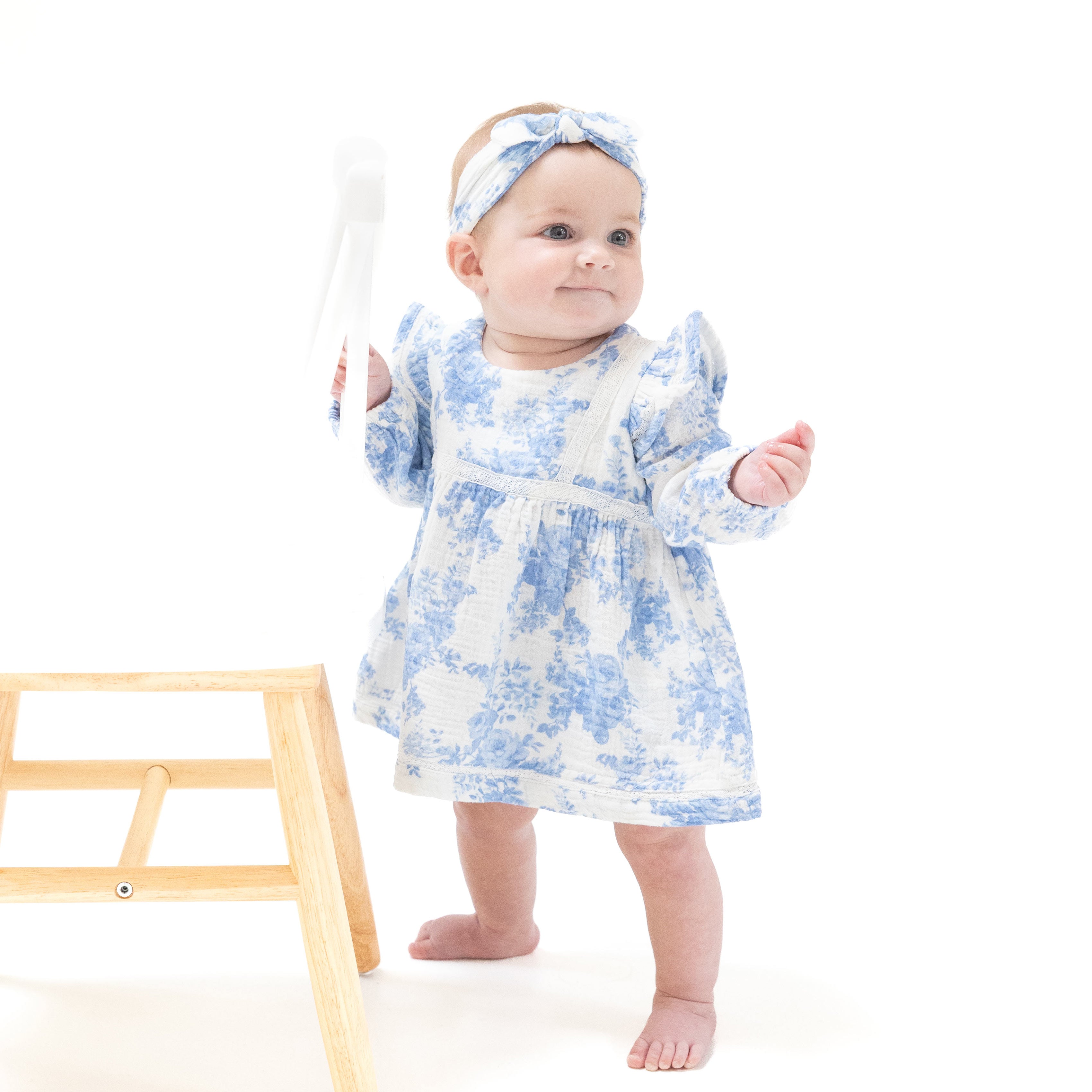Long Sleeve Vintage Lace Dress and Bloomer (2T to 4T Dress Only) in our  Dream Cottage Floral Blue print from Angel Dear