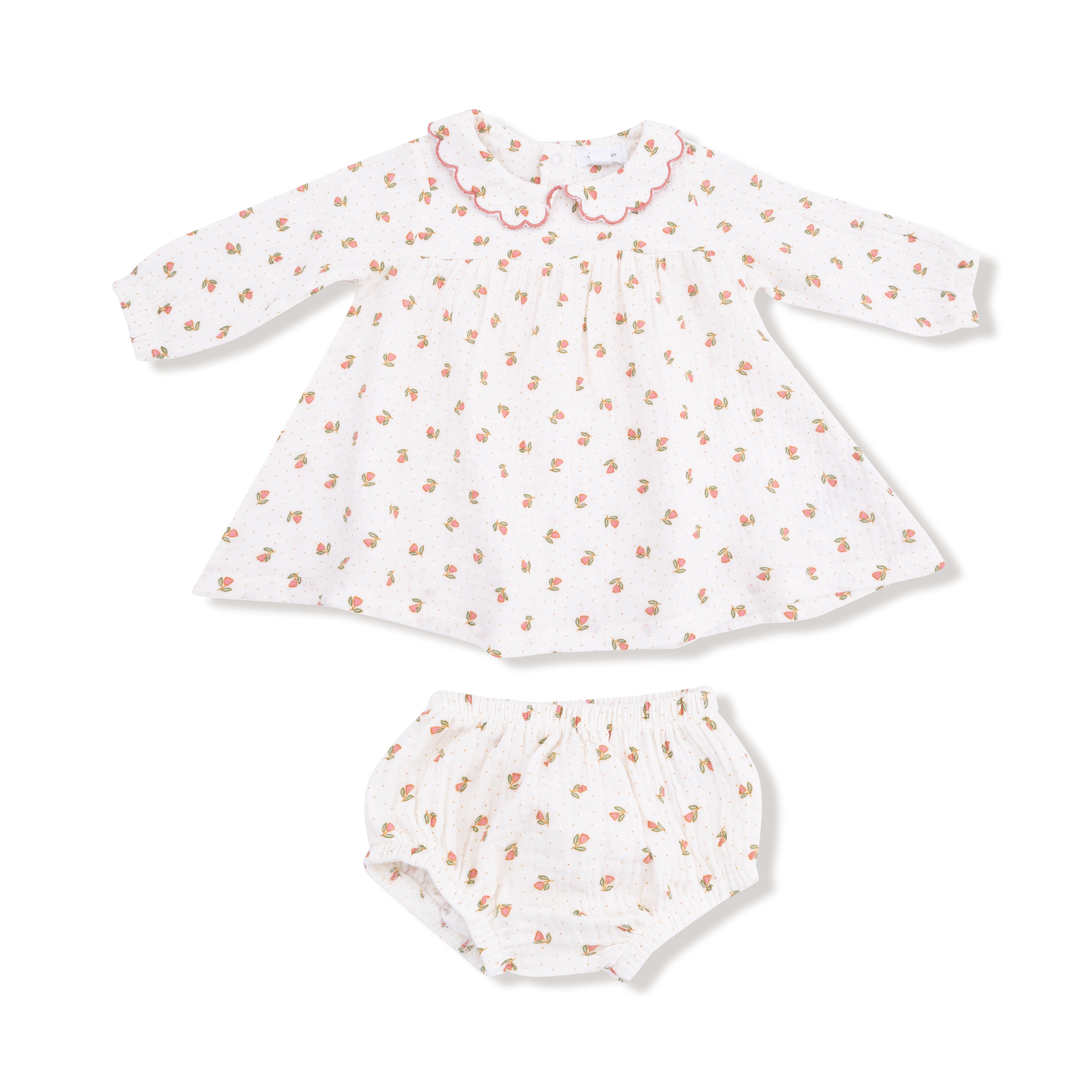 Long Sleeve Petal Collar Dress and Bloomer in our  Petite Pointe Fleur print from Angel Dear