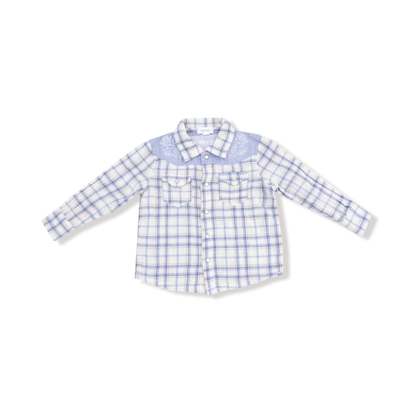 Long Sleeve Western Pearl Snap Shirt in our  Blue Plaid print from Angel Dear
