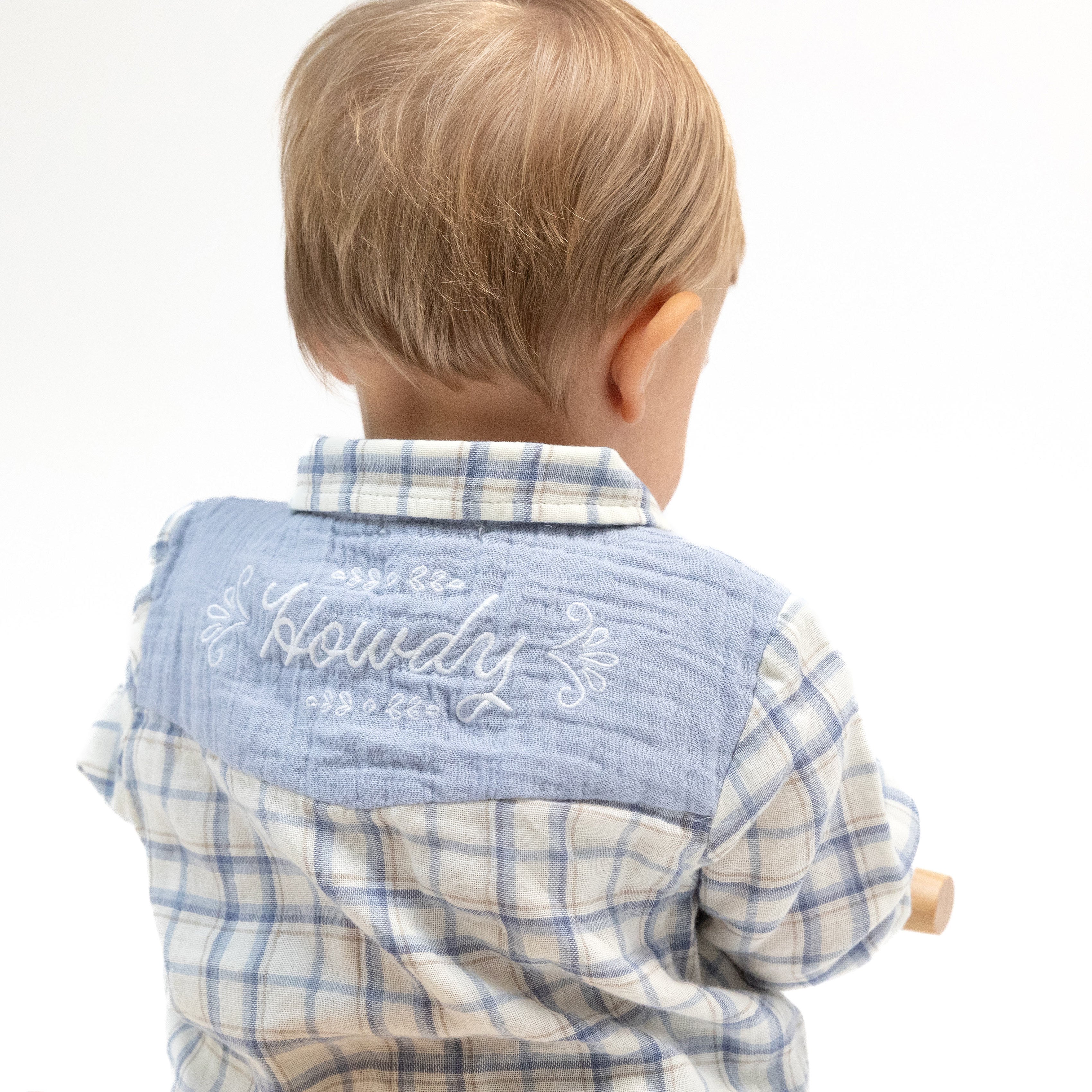 Long Sleeve Western Pearl Snap Shirt in our  Blue Plaid print from Angel Dear