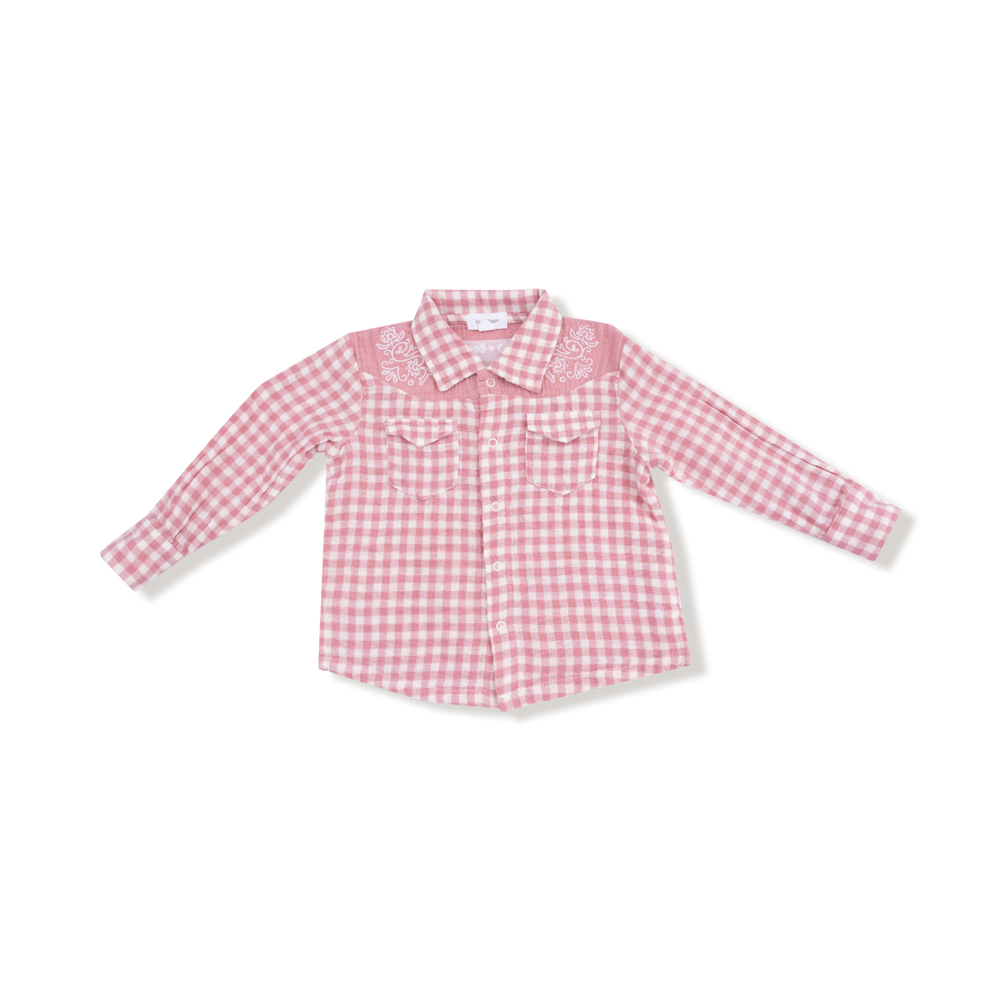 Long Sleeve Western Pearl Snap Shirt in our  Rose Pink Plaid print from Angel Dear
