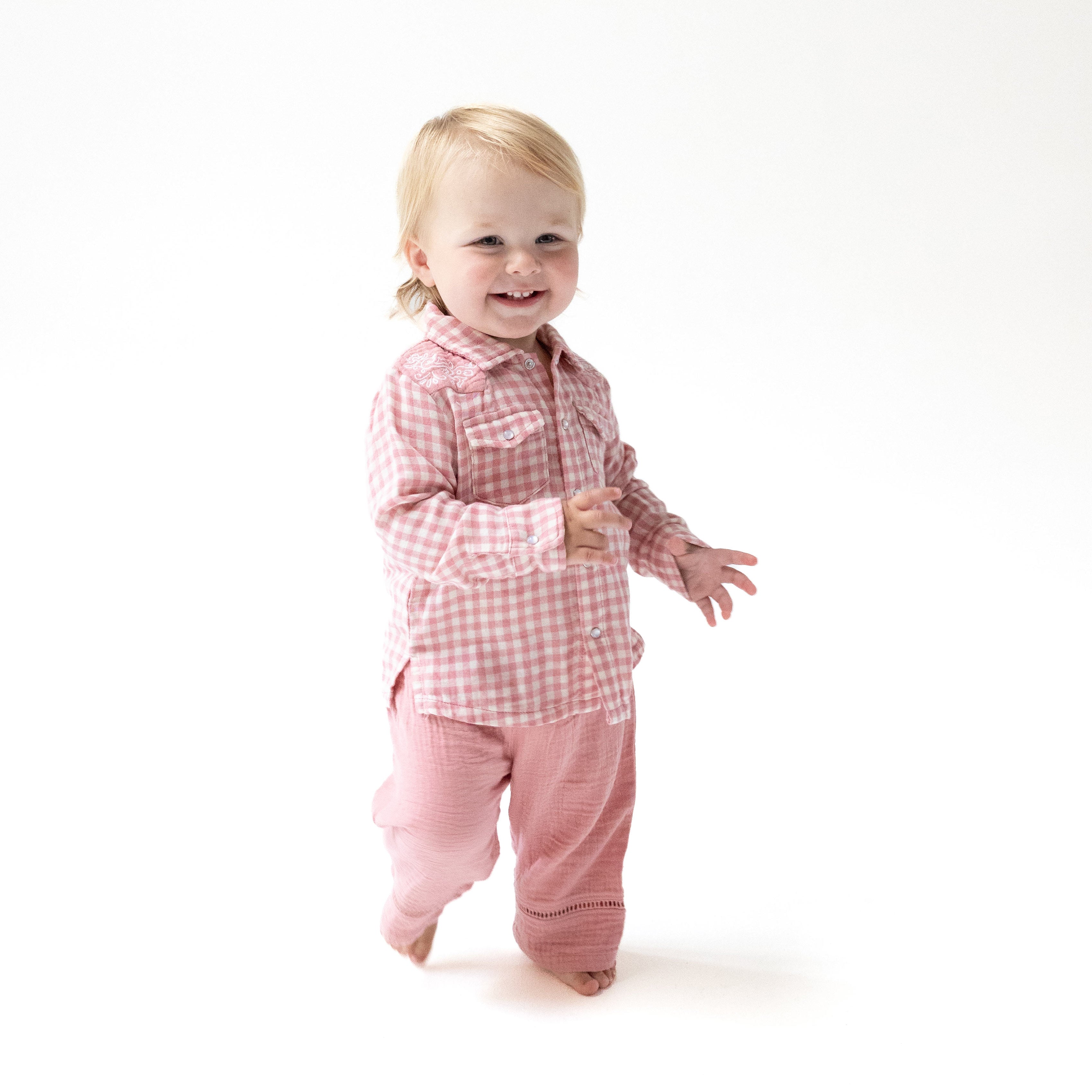 Long Sleeve Western Pearl Snap Shirt in our  Rose Pink Plaid print from Angel Dear