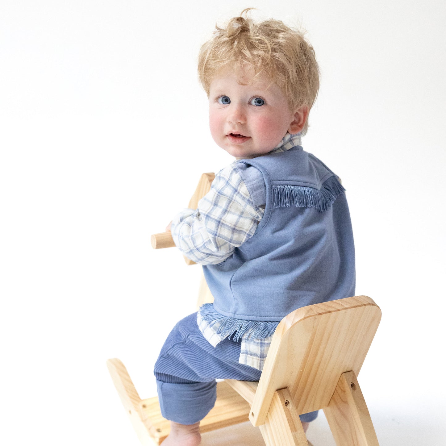 Western Fringe Vest in our Country Blue print from Angel Dear