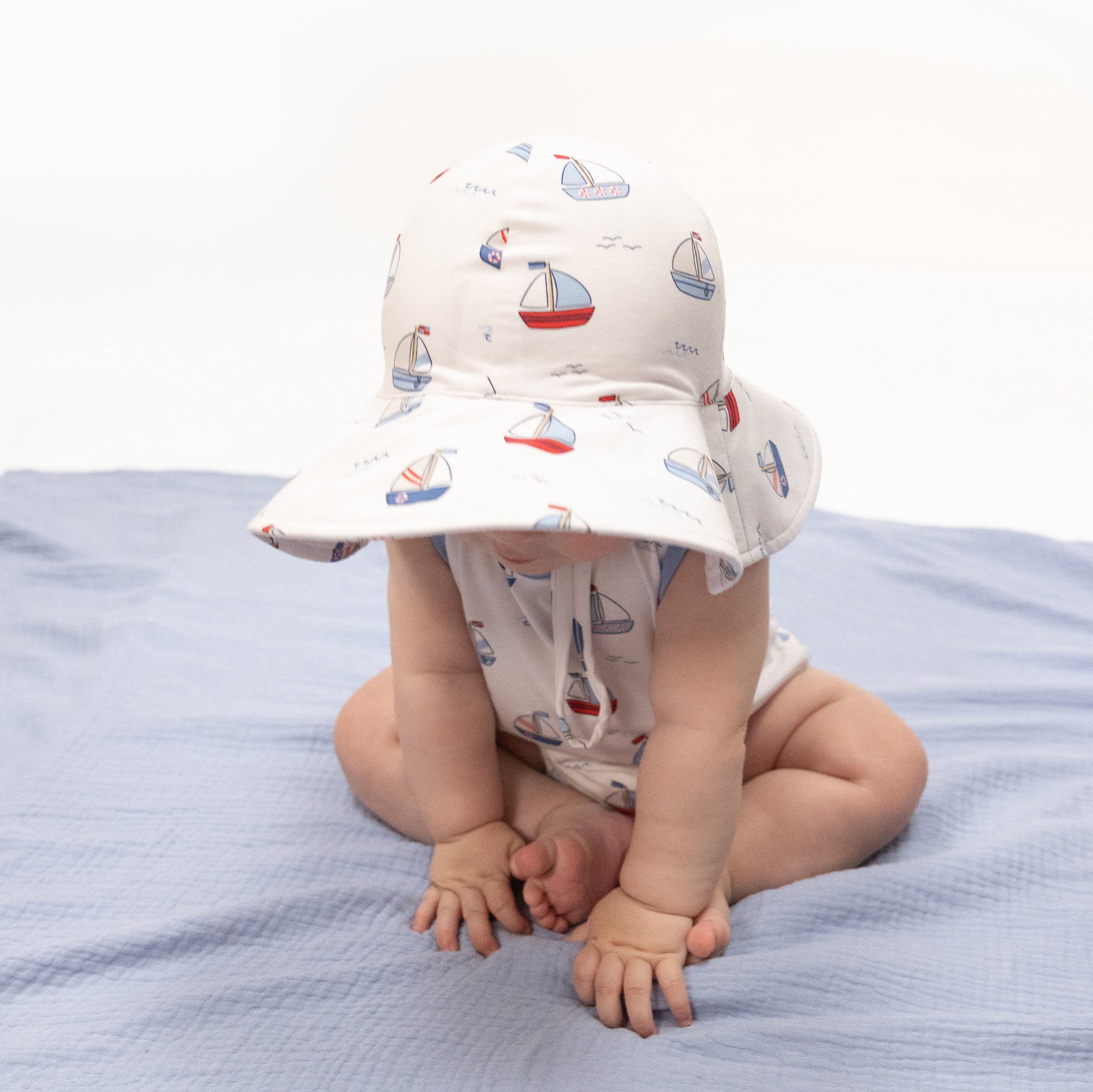 Bubbly Sailboats Blue - Wide Brim Sun Hat-Angel Dear