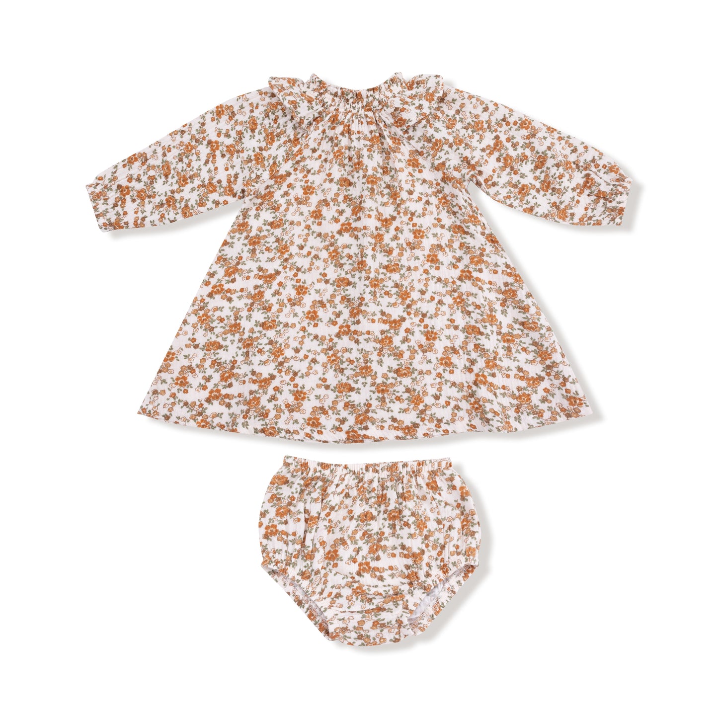 Long Sleeve Ruffle Smocked Neck Dress + Diaper Cover in our  Prairie Calico print from Angel Dear