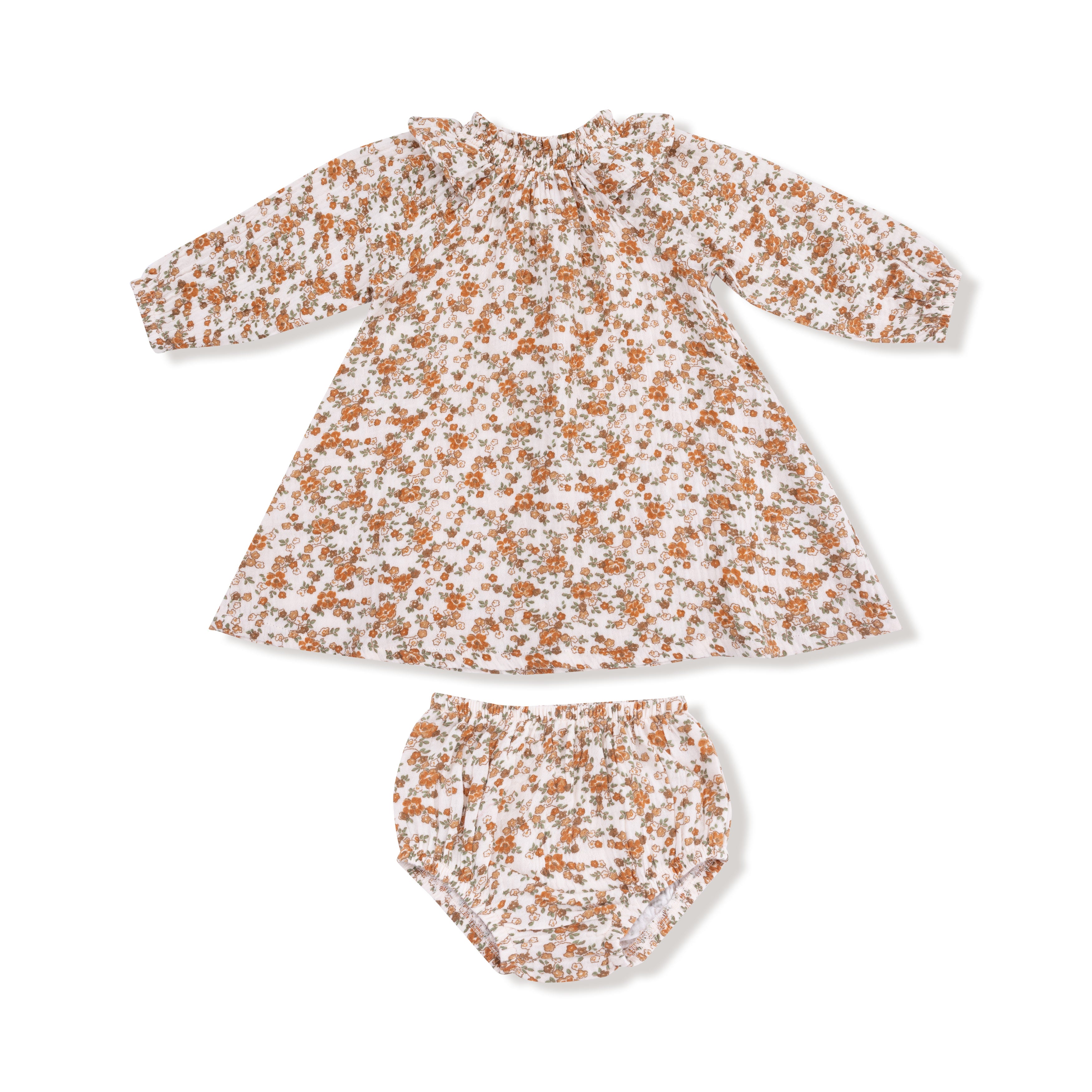 Long Sleeve Ruffle Smocked Neck Dress + Diaper Cover in our  Prairie Calico print from Angel Dear