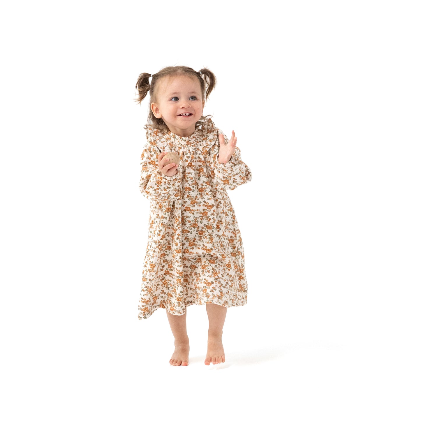 Long Sleeve Ruffle Smocked Neck Dress + Diaper Cover in our  Prairie Calico print from Angel Dear