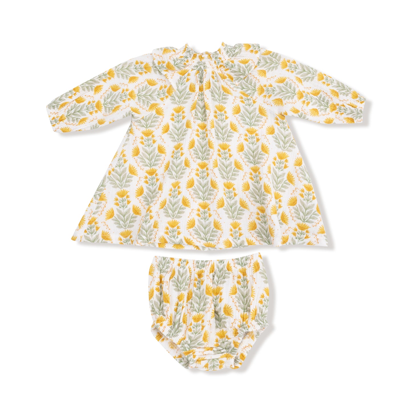 Long Sleeve Ruffle Dress + Bloomer in our  Winter Dandelions print from Angel Dear