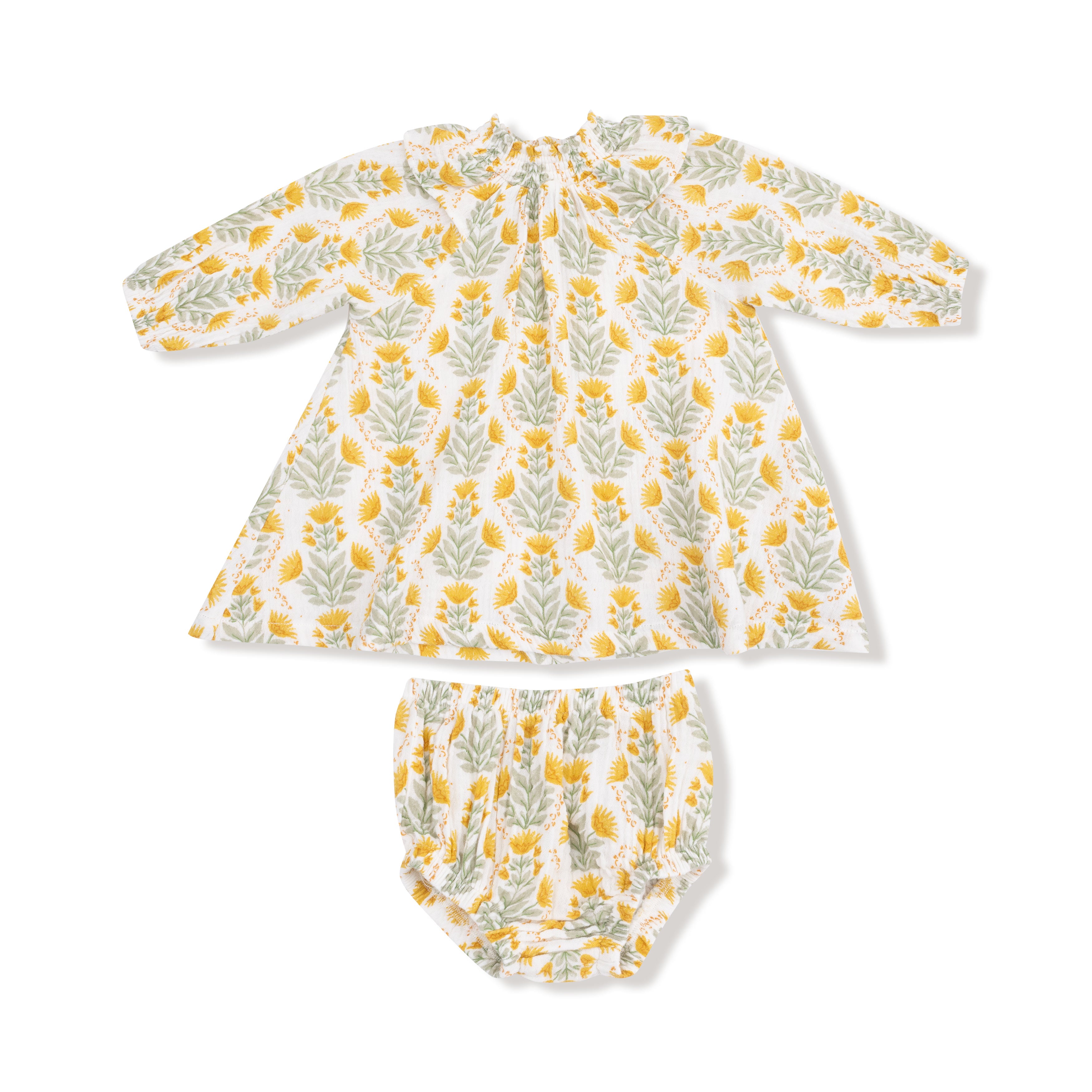 Long Sleeve Ruffle Dress + Bloomer in our  Winter Dandelions print from Angel Dear