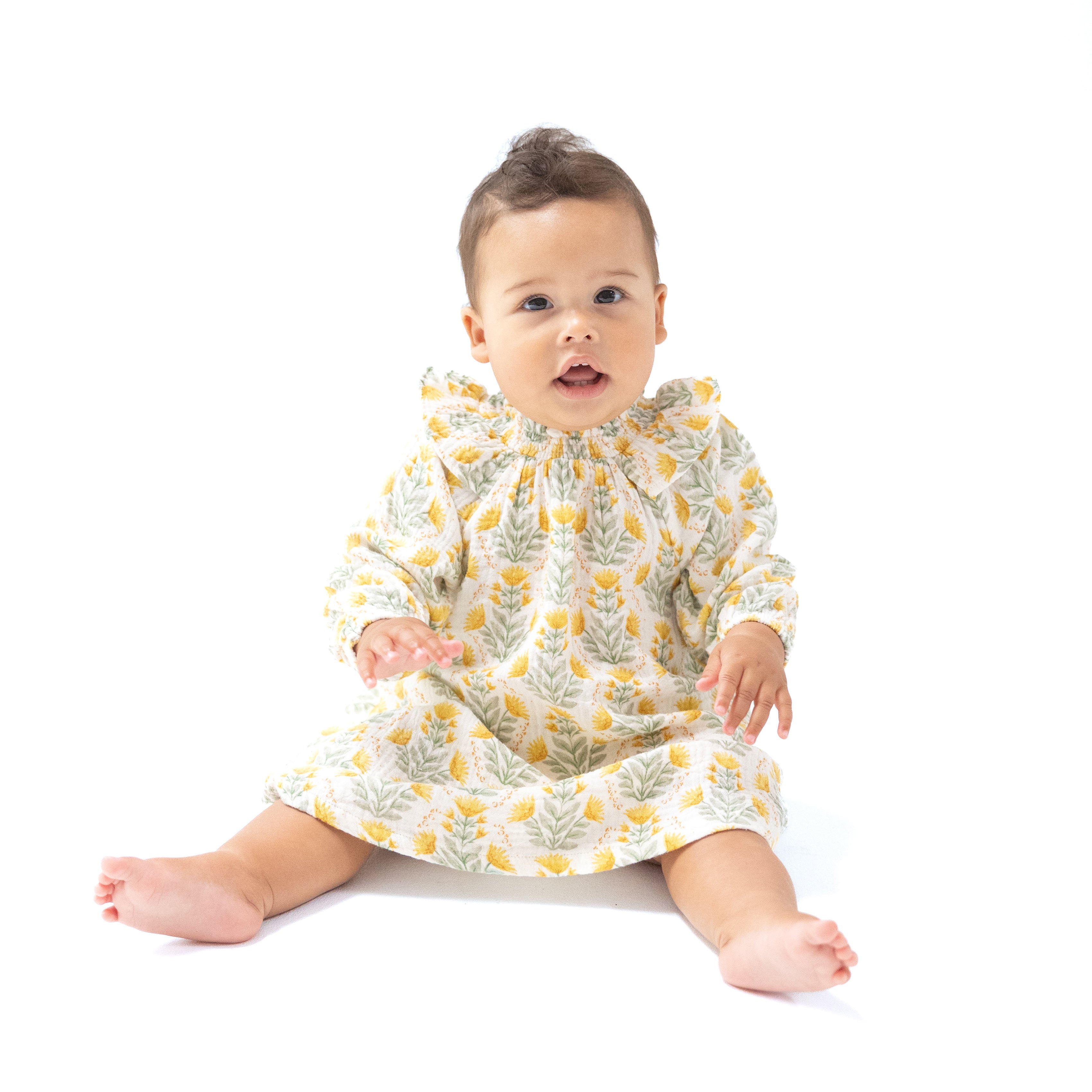 Long Sleeve Ruffle Dress + Bloomer in our  Winter Dandelions print from Angel Dear