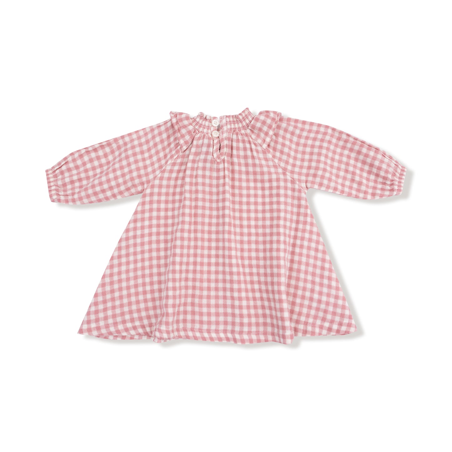 Long Sleeve Ruffle Smocked Neck Dress + Diaper Cover in our  Rose Pink Plaid print from Angel Dear
