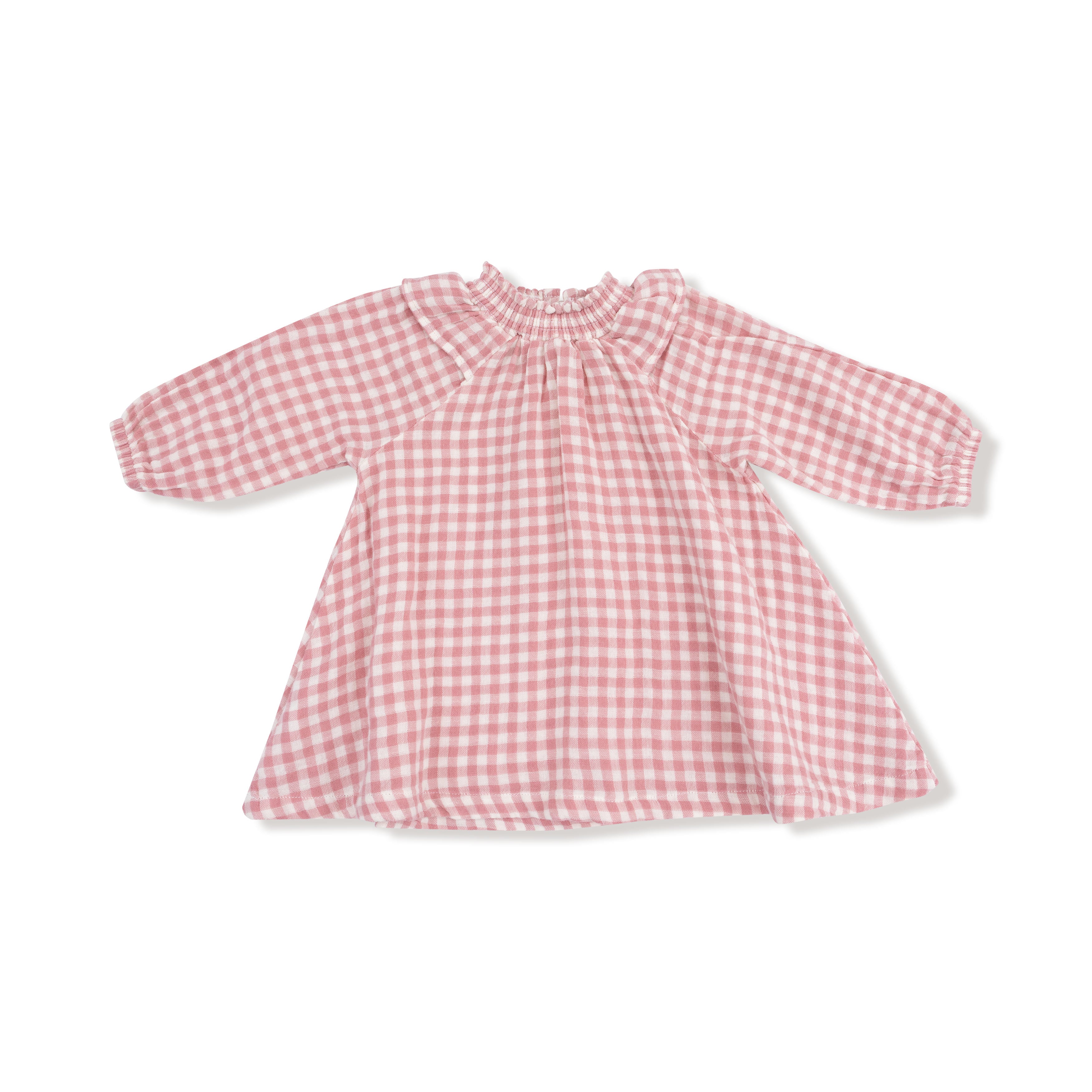 Long Sleeve Ruffle Smocked Neck Dress + Diaper Cover in our  Rose Pink Plaid print from Angel Dear