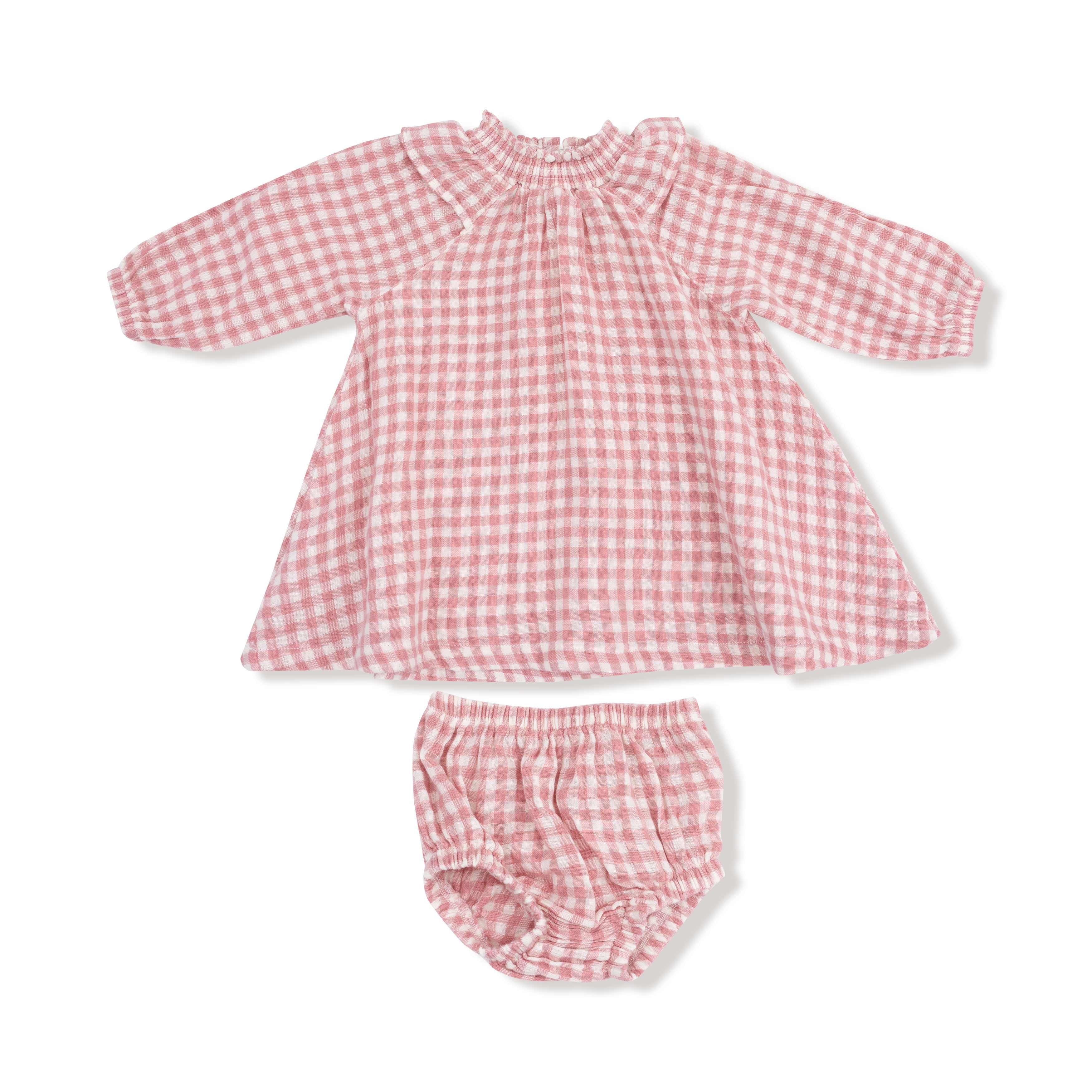 Long Sleeve Ruffle Smocked Neck Dress + Diaper Cover in our  Rose Pink Plaid print from Angel Dear