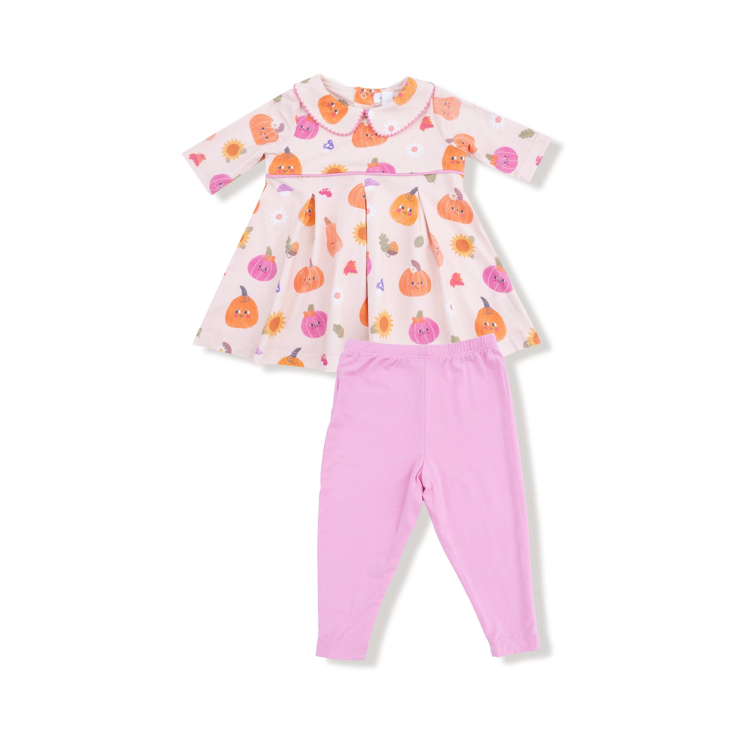Box Pleat Dress with Legging Set in our  Autumn Pumpkins - Pink print from Angel Dear