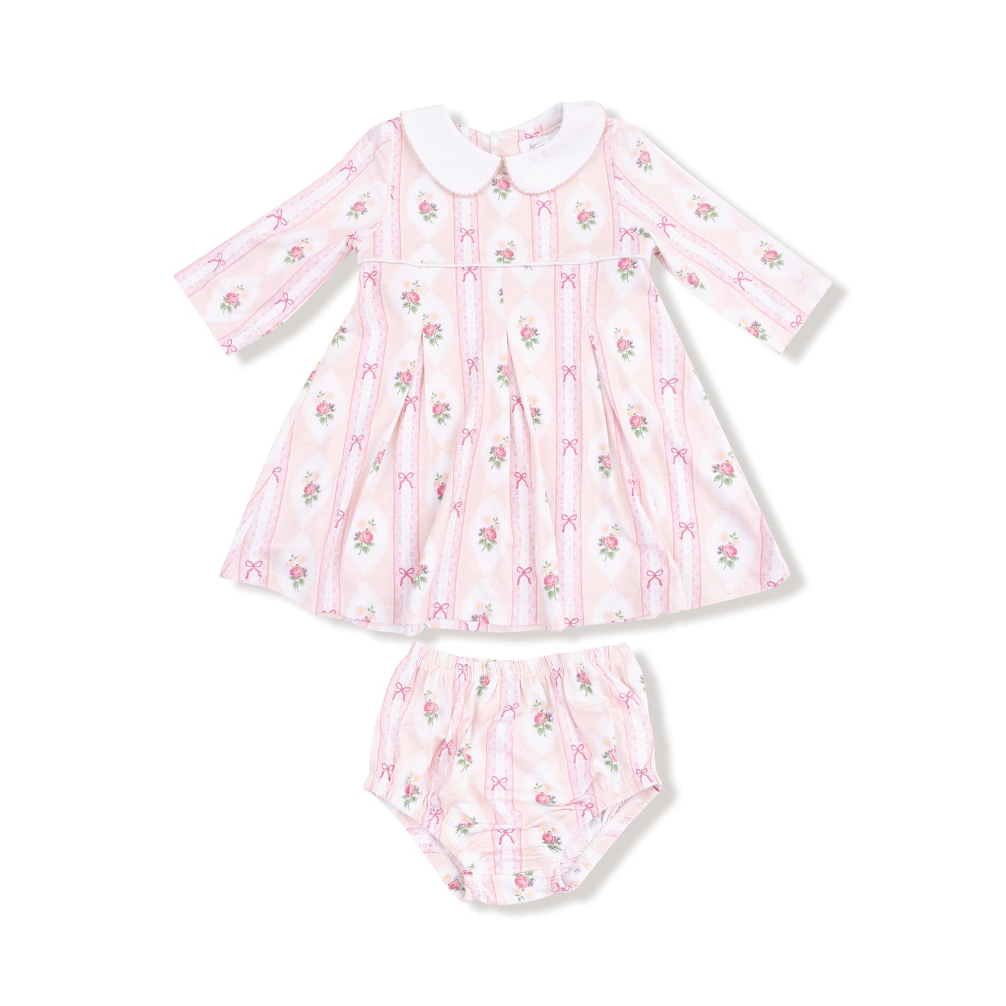 Box Pleat Dress + Peter Pan Collar & Diaper Cover in our Ogee Lace Floral print from Angel Dear
