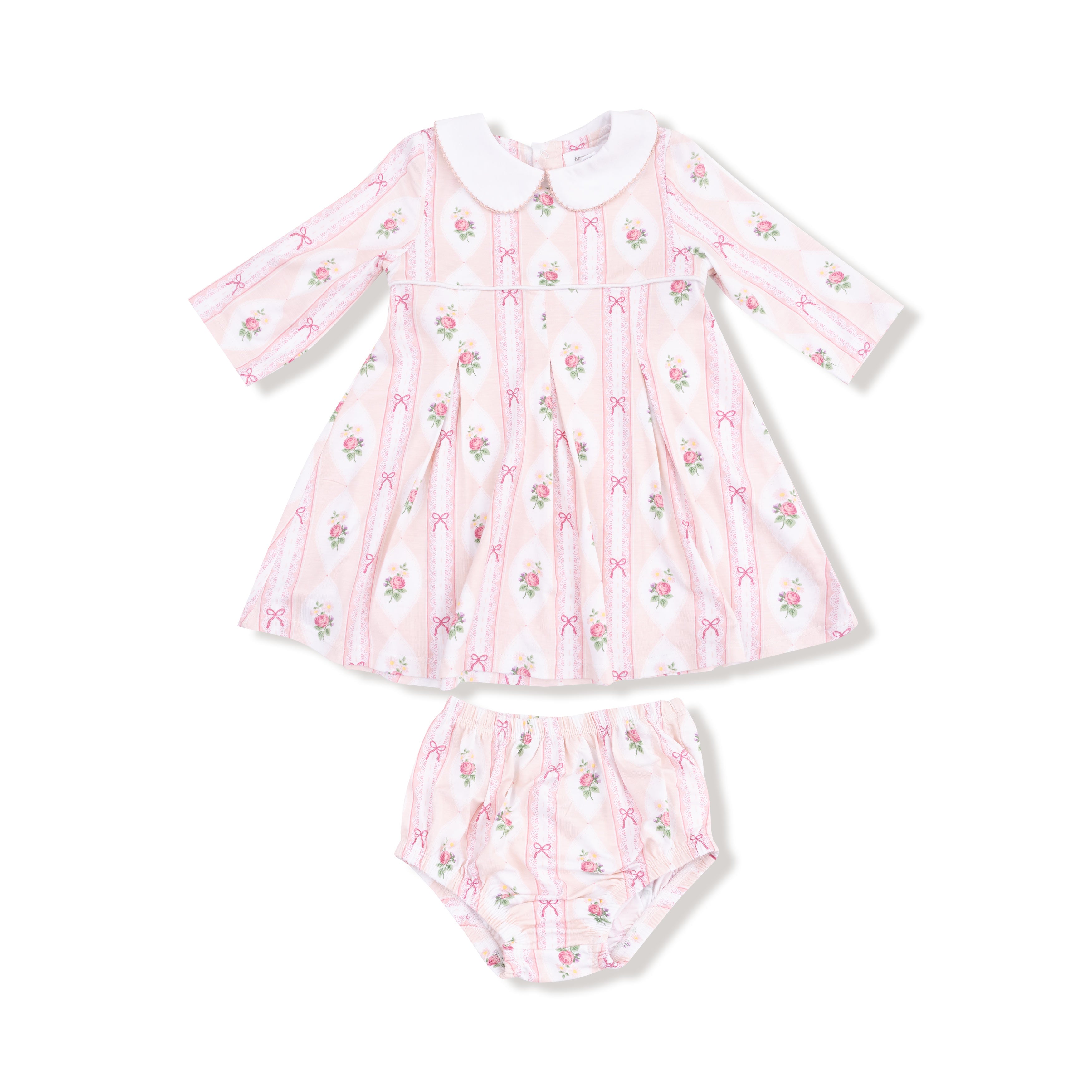 Box Pleat Dress + Peter Pan Collar & Diaper Cover in our Ogee Lace Floral print from Angel Dear
