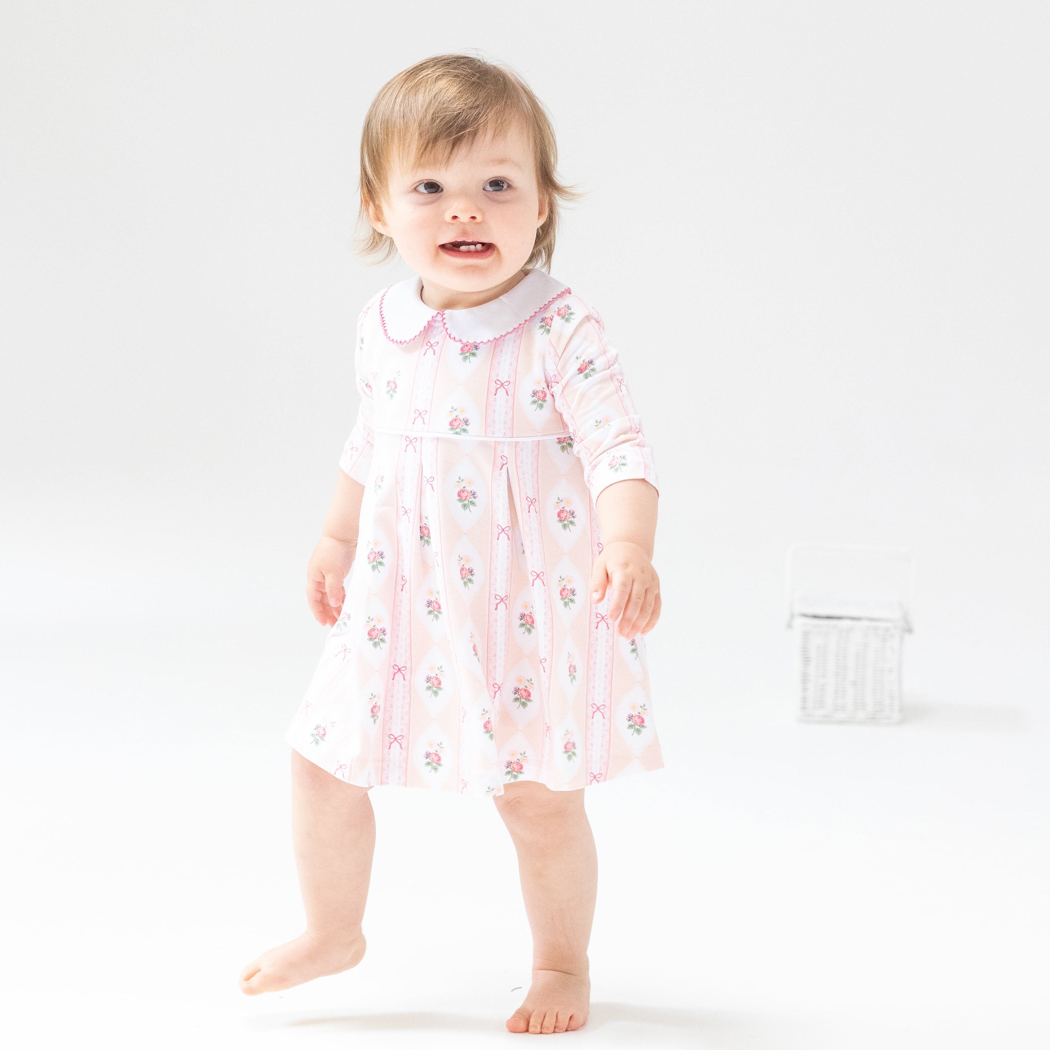 Box Pleat Dress + Peter Pan Collar & Diaper Cover in our Ogee Lace Floral print from Angel Dear